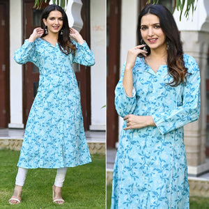 Blue Floral Printed Pure Cotton Kurti