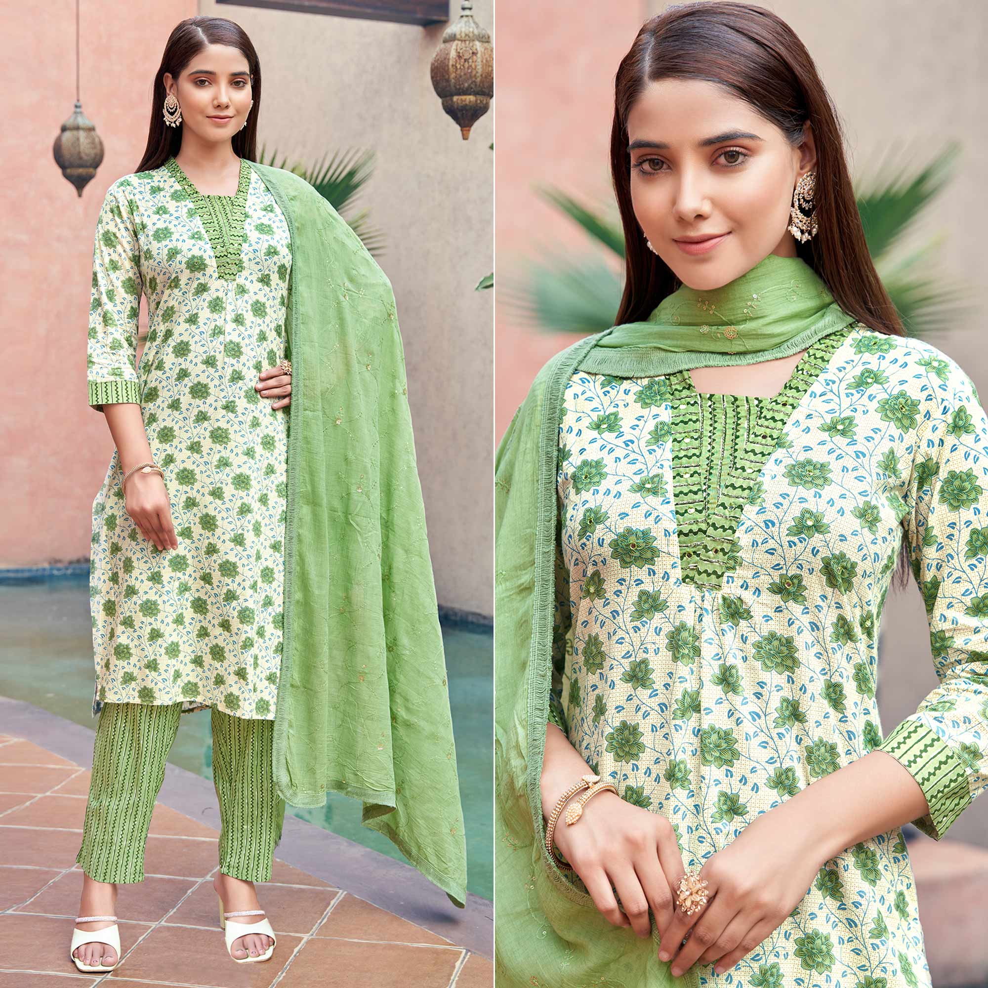 White & Green Floral Printed Pure Cotton Suit