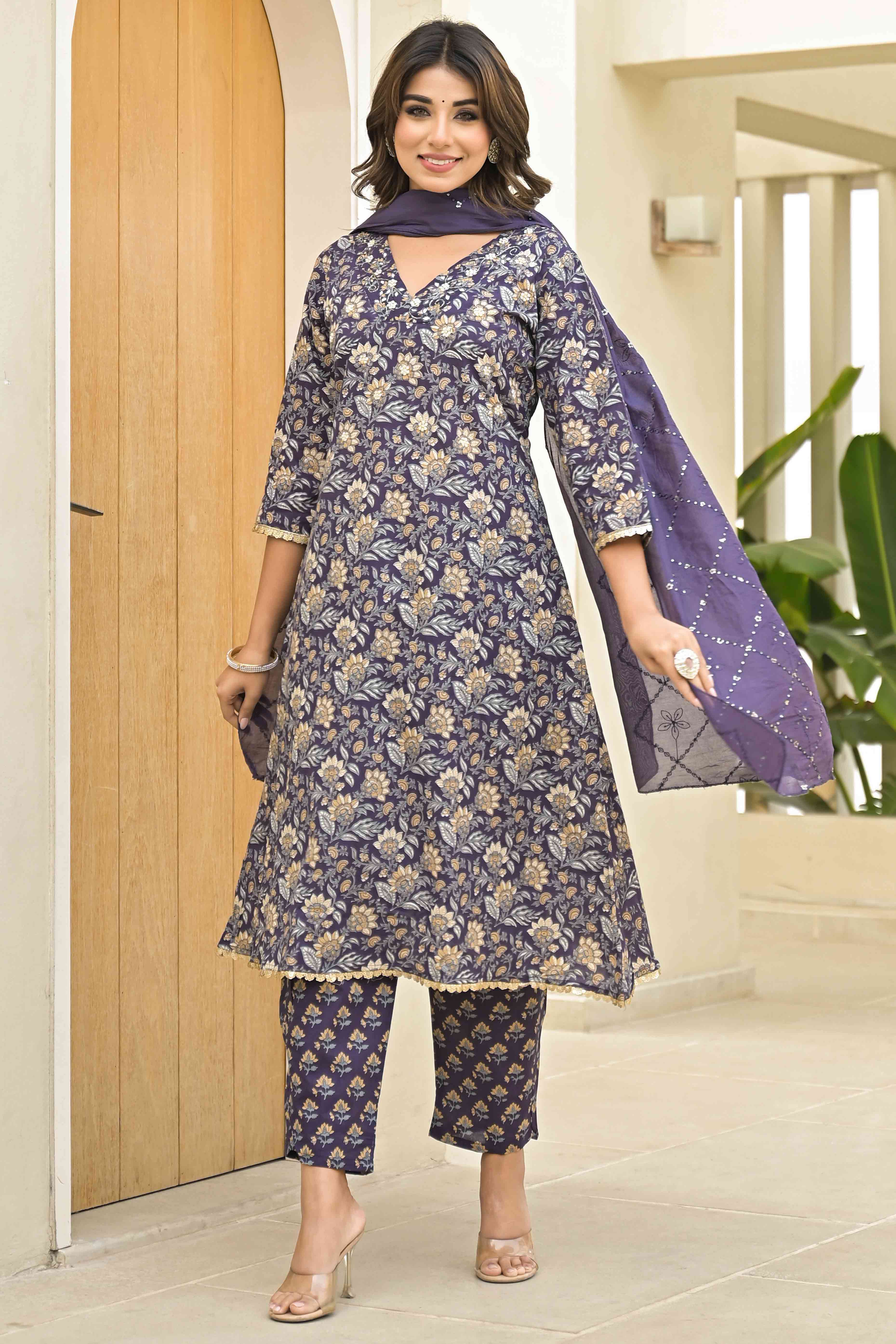 Wine Floral Printed Pure Cotton A-Line Salwar Suit