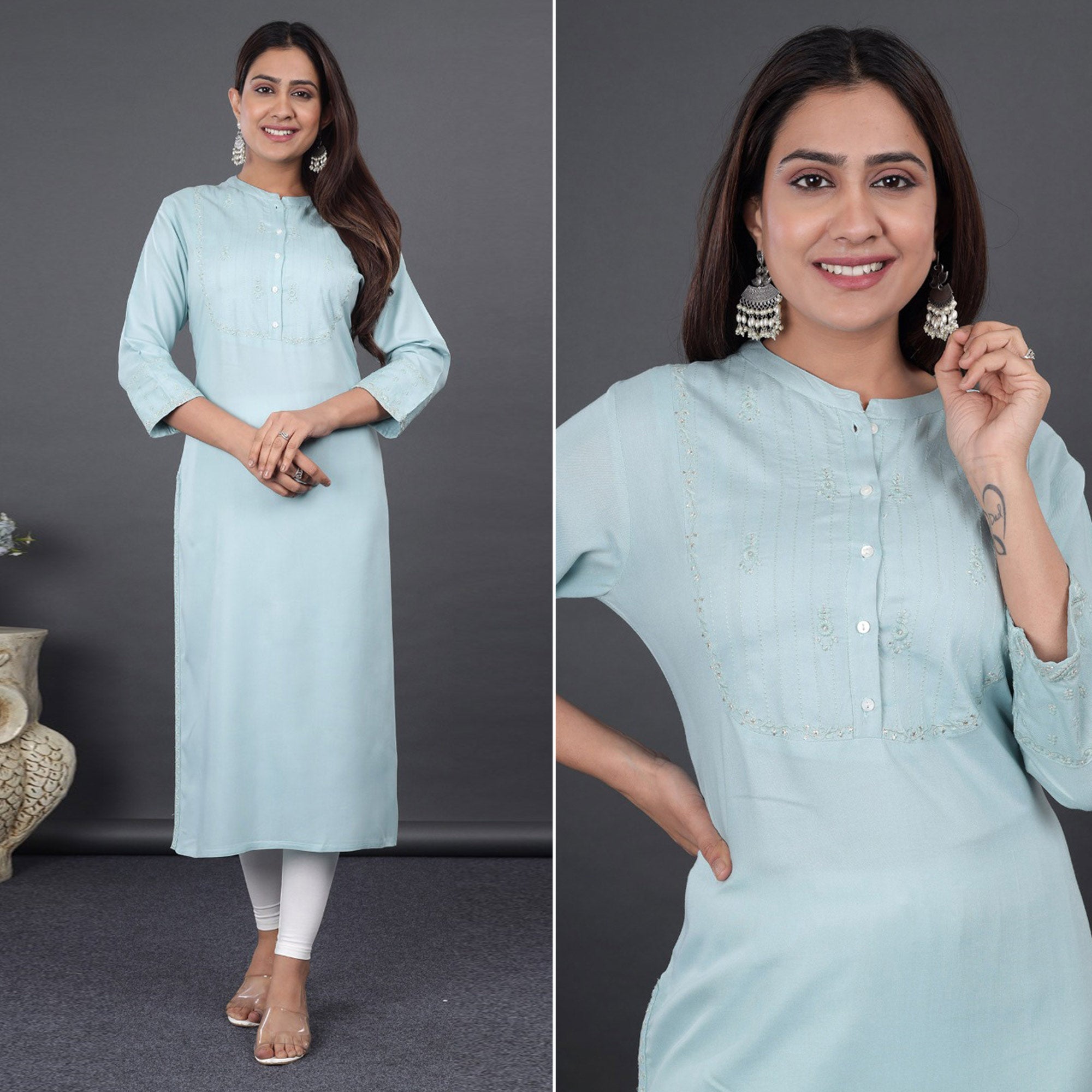 Blue Embroidered Pure Cotton Kurti