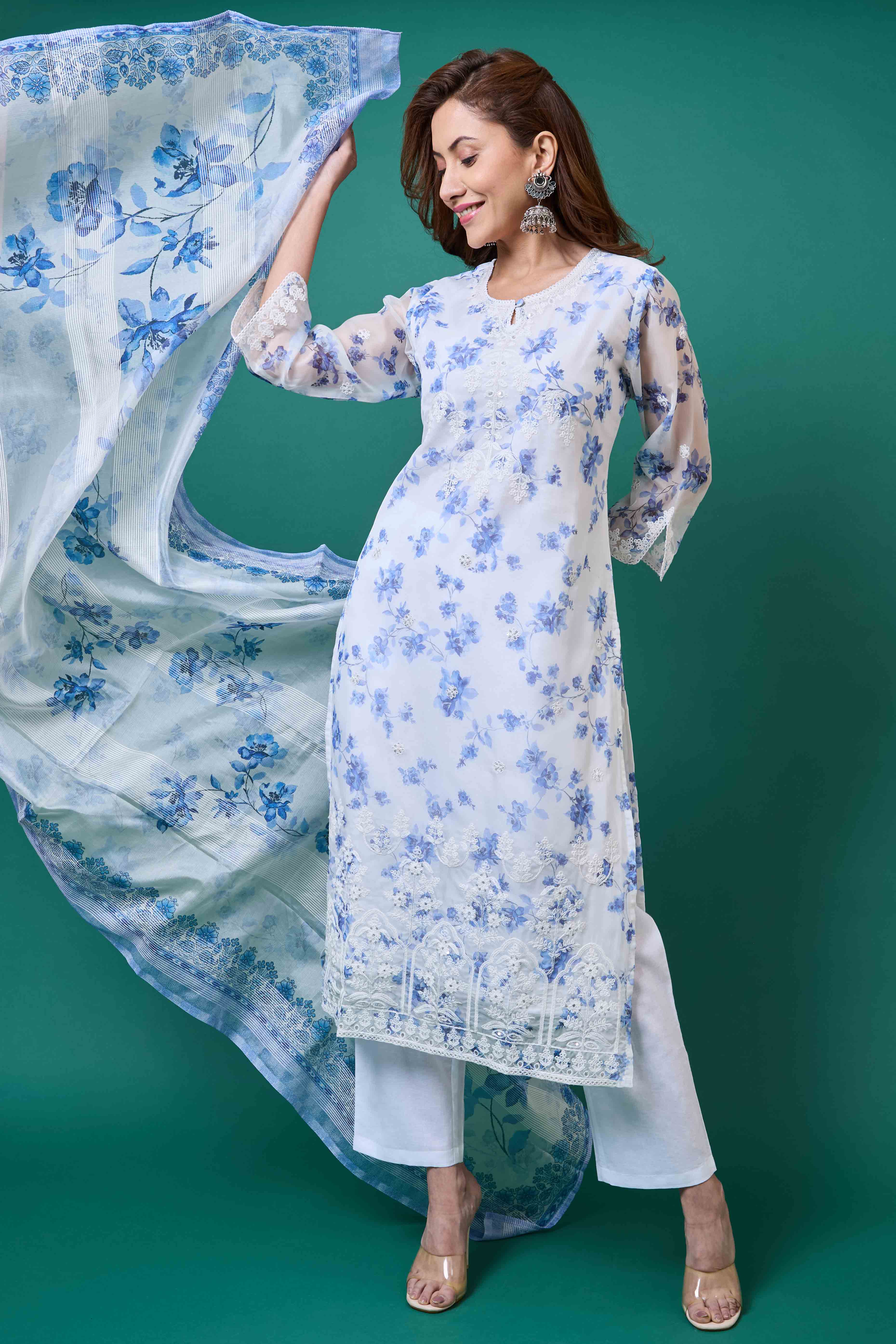 White Floral Embroidery with Printed Organza Salwar Suit