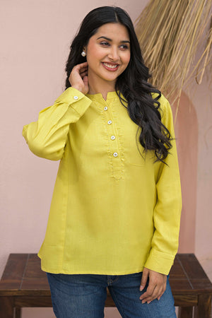 Bright Lemon Yellow Solid Cotton Top With Flowy A-Line Fit