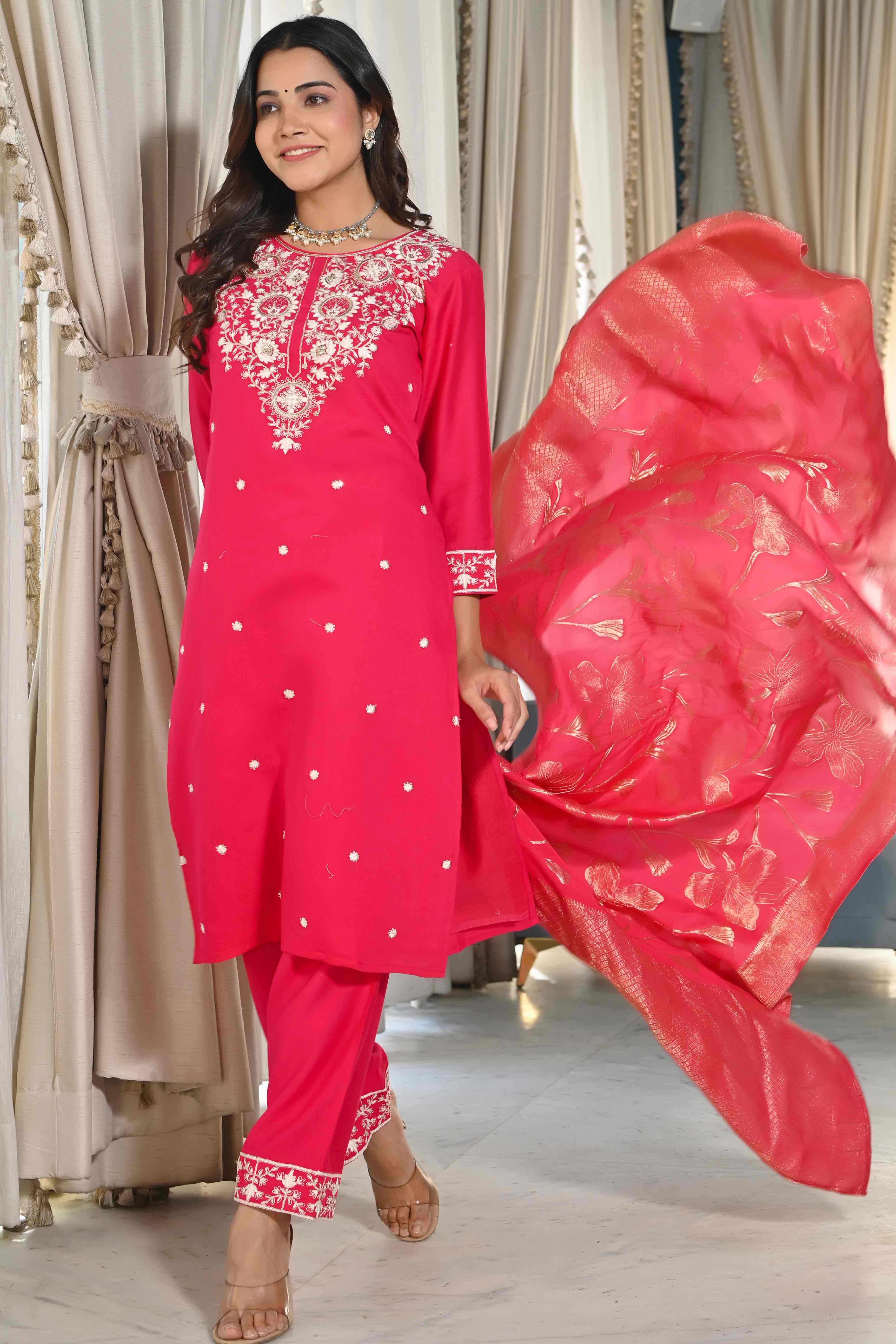 Pink Sequins Embroidered Cotton Silk Salwar Suit