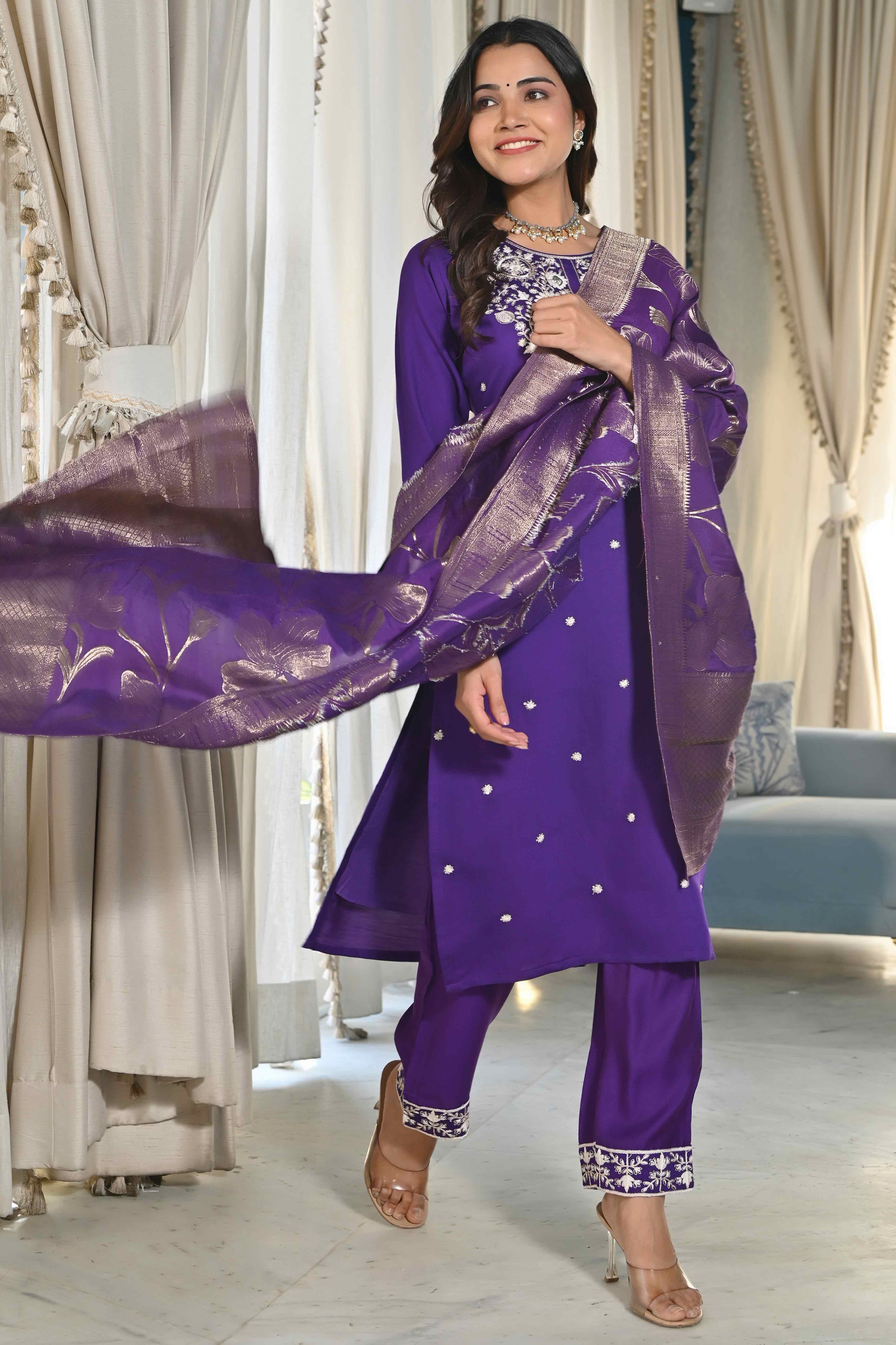 Violet Sequins Embroidered Cotton Silk Salwar Suit