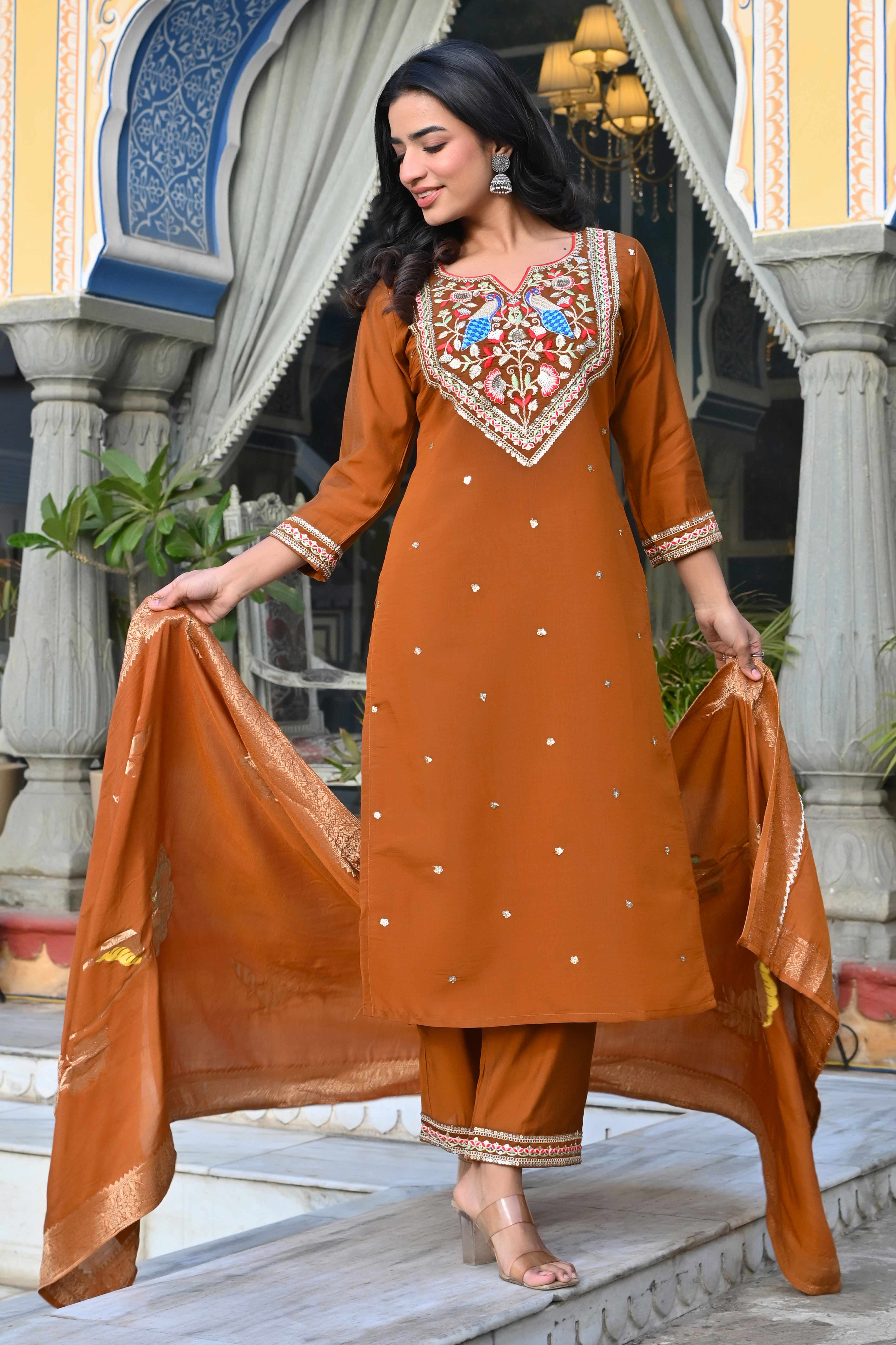 Brown Sequins Embroidered Viscose Salwar Suit