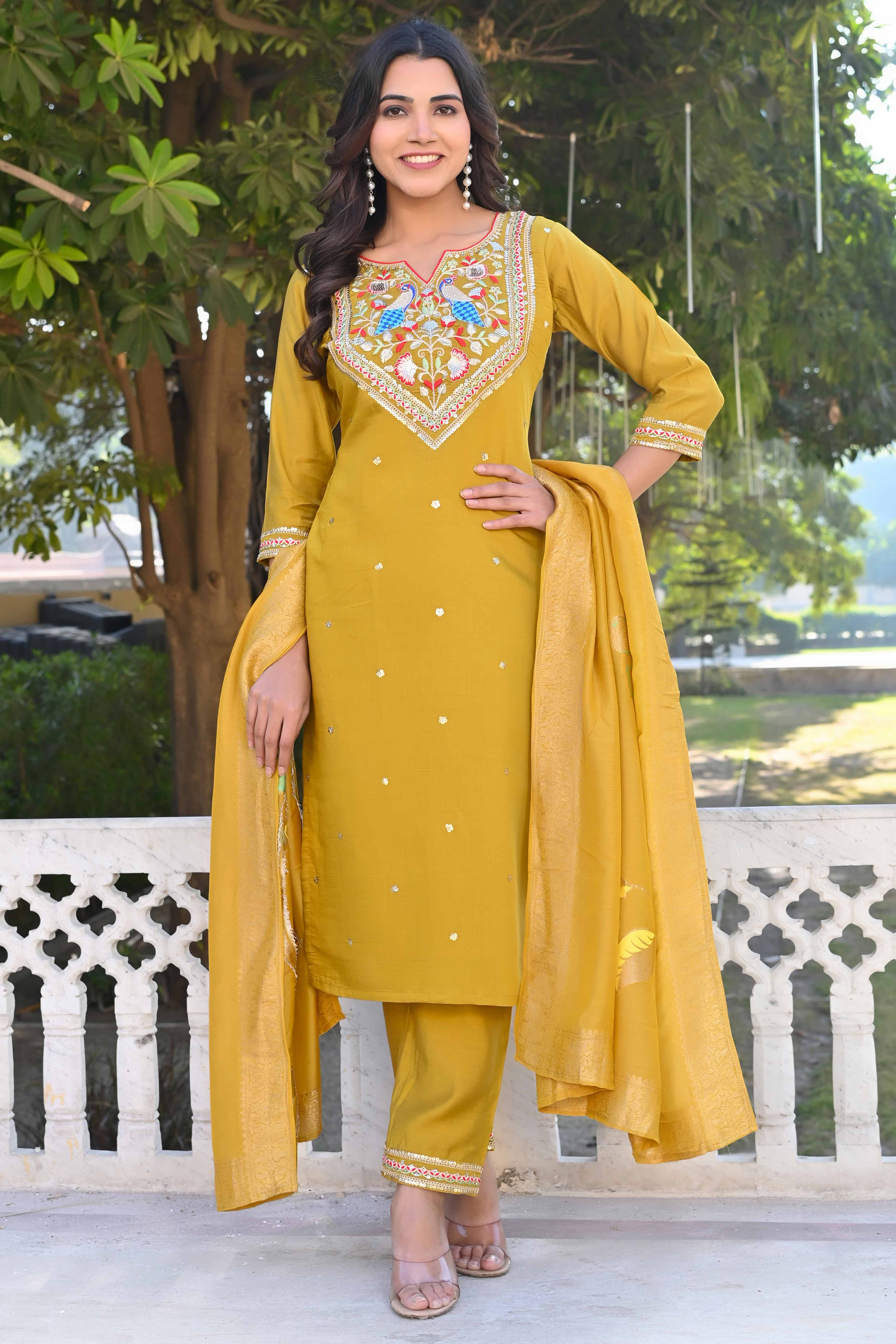 Mustard Sequins Embroidered Viscose Salwar Suit