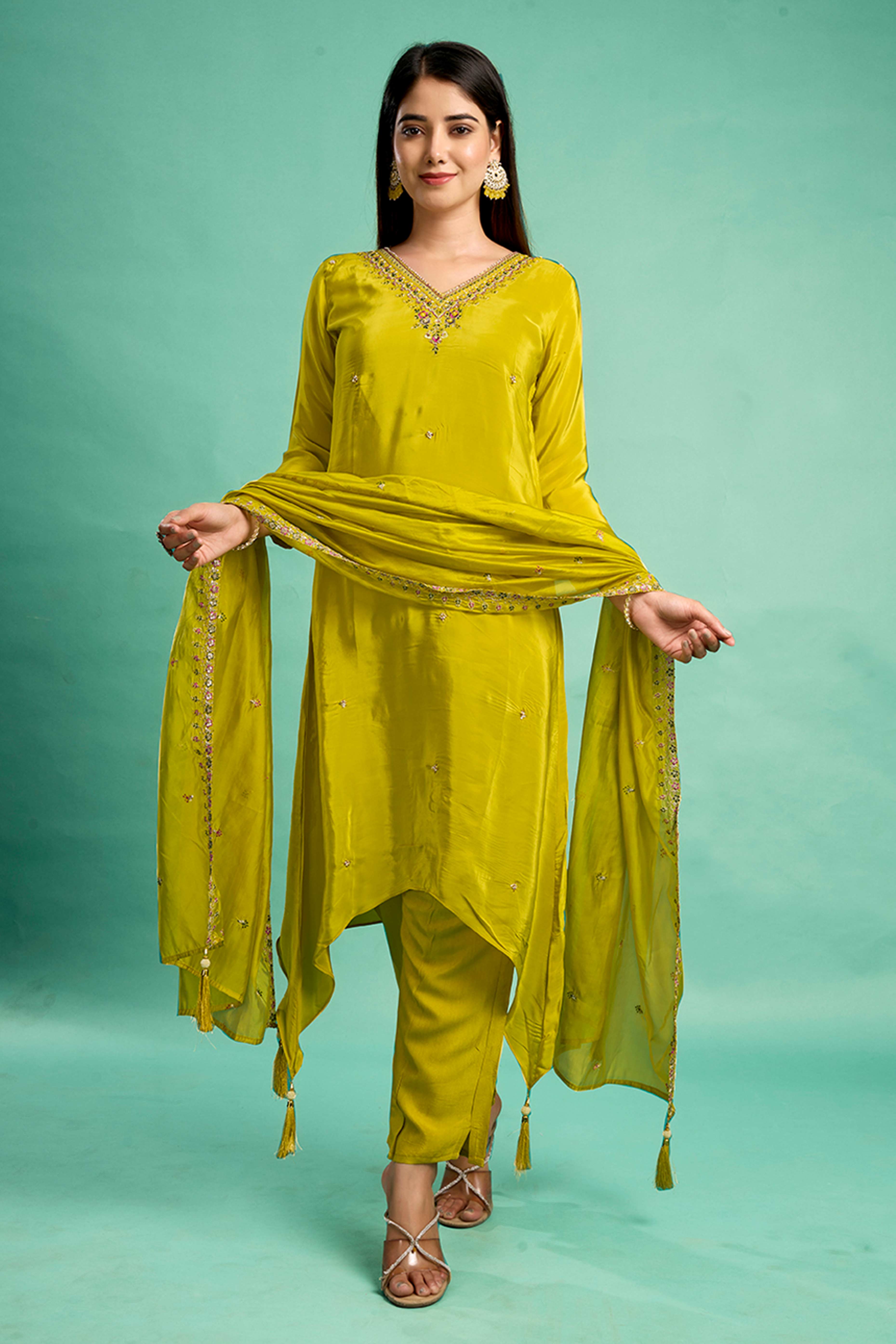 Green Sequins Embroidered Viscose Crepe Straight Salwar Suit
