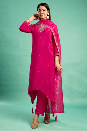 Rani Pink Sequins Embroidered Viscose Crepe Straight Salwar Suit
