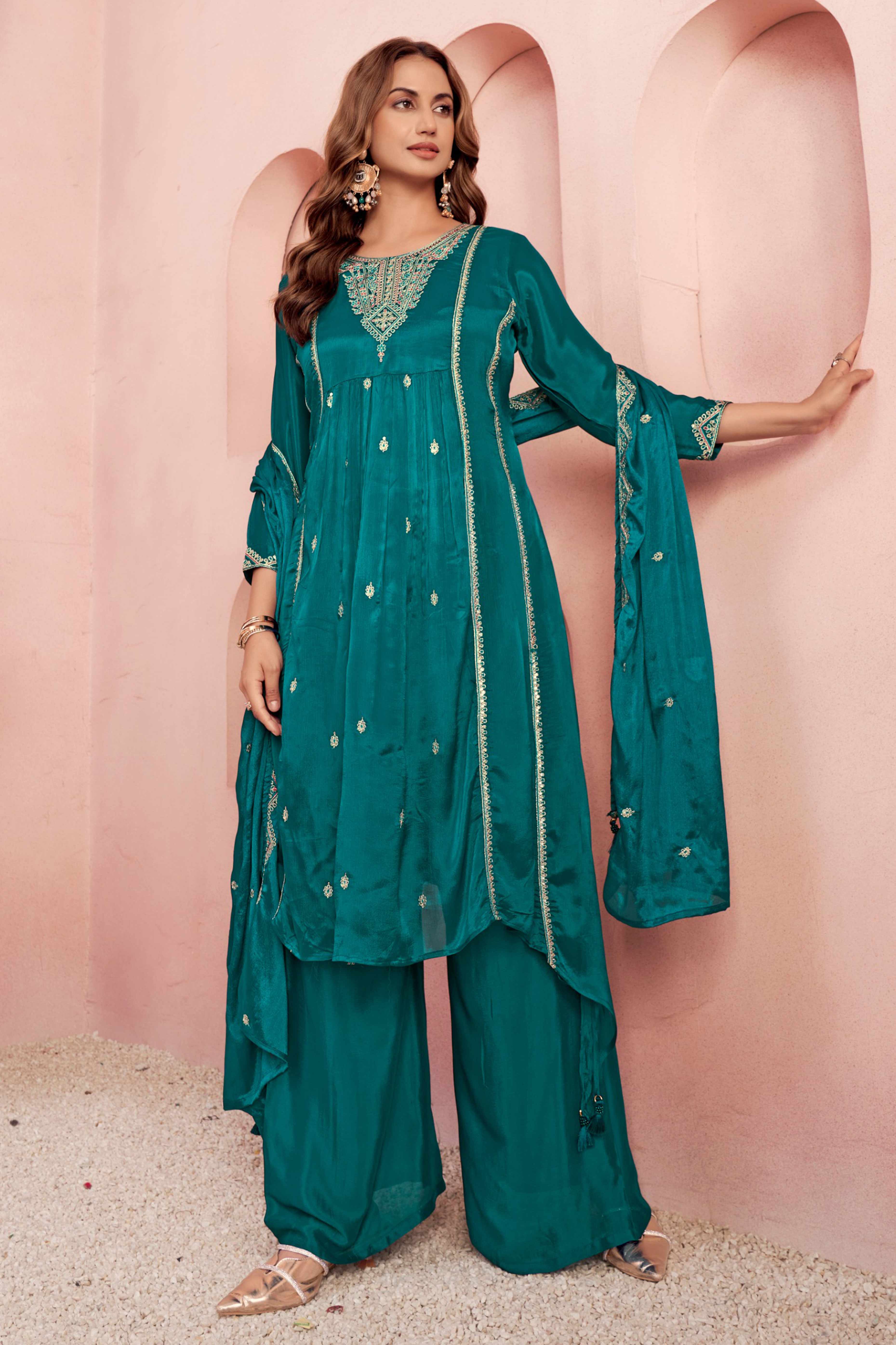 Teal Viscose Chinon A-Line Suit with Elegant Thread Embroidery