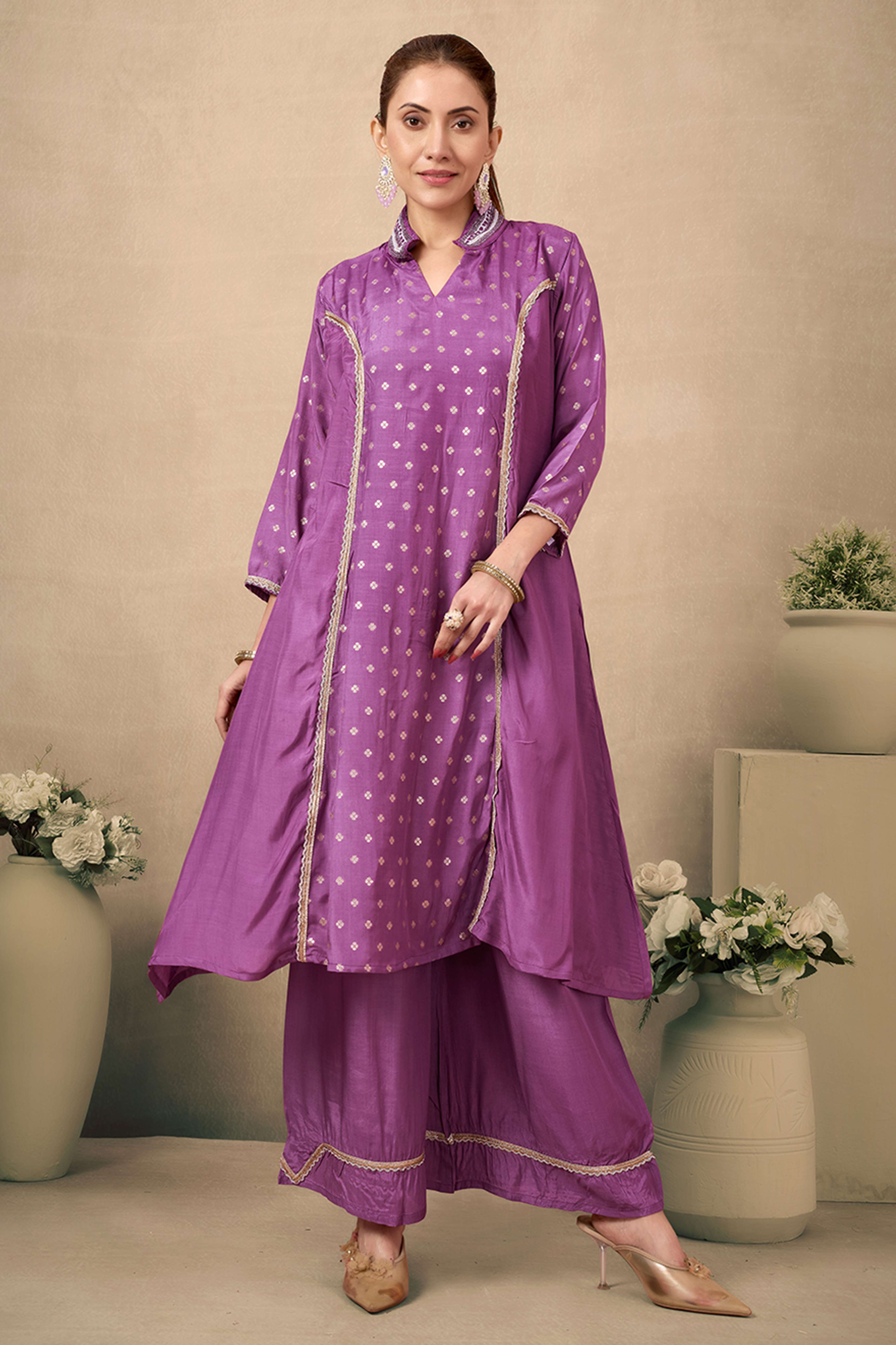 Lavender Silk Blend A-Line Top Bottom Set With Zari Weaving And Stone Work