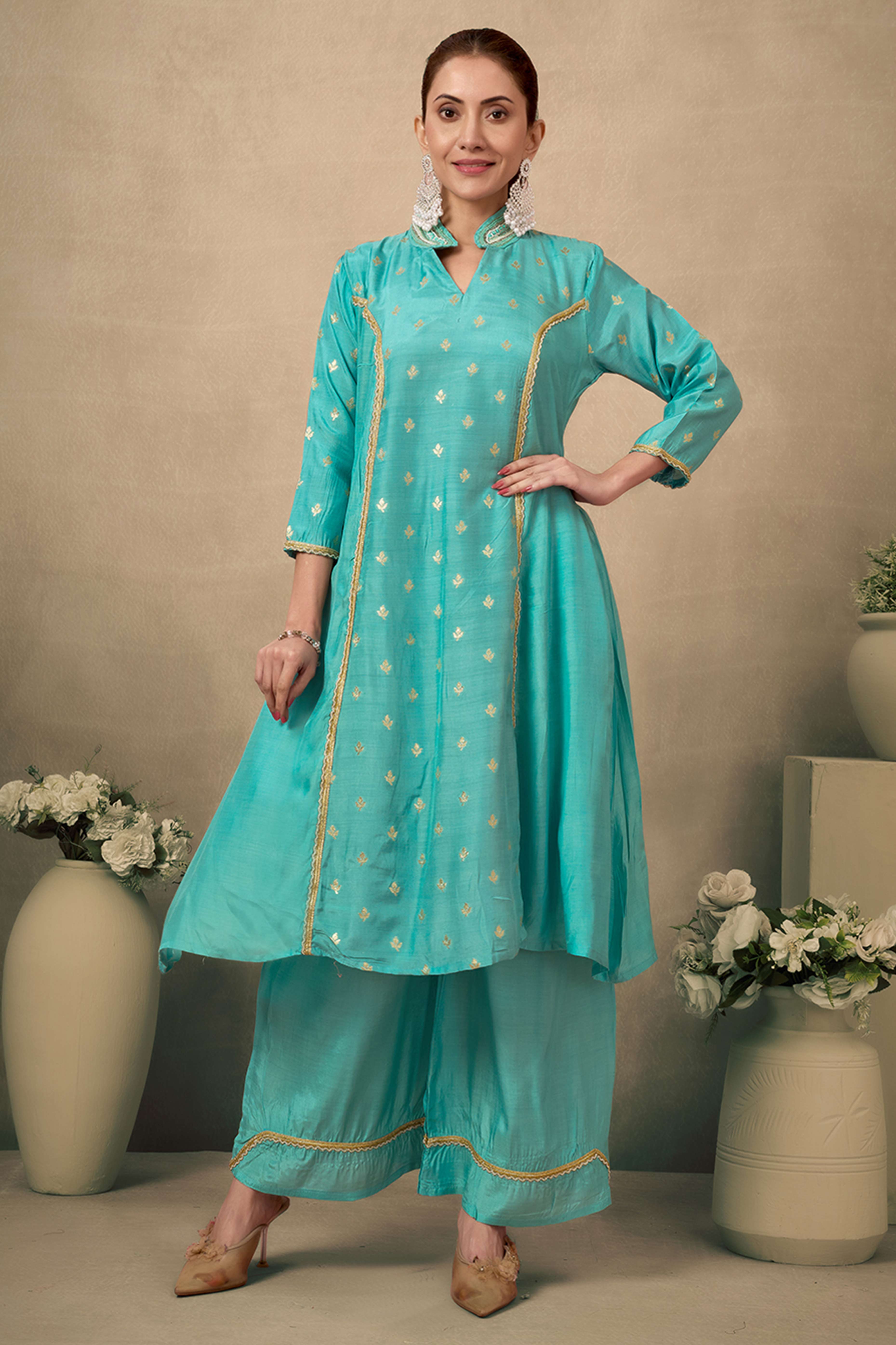 Turquoise Silk Blend A-Line Top Bottom Set With Zari Weaving And Stone Work