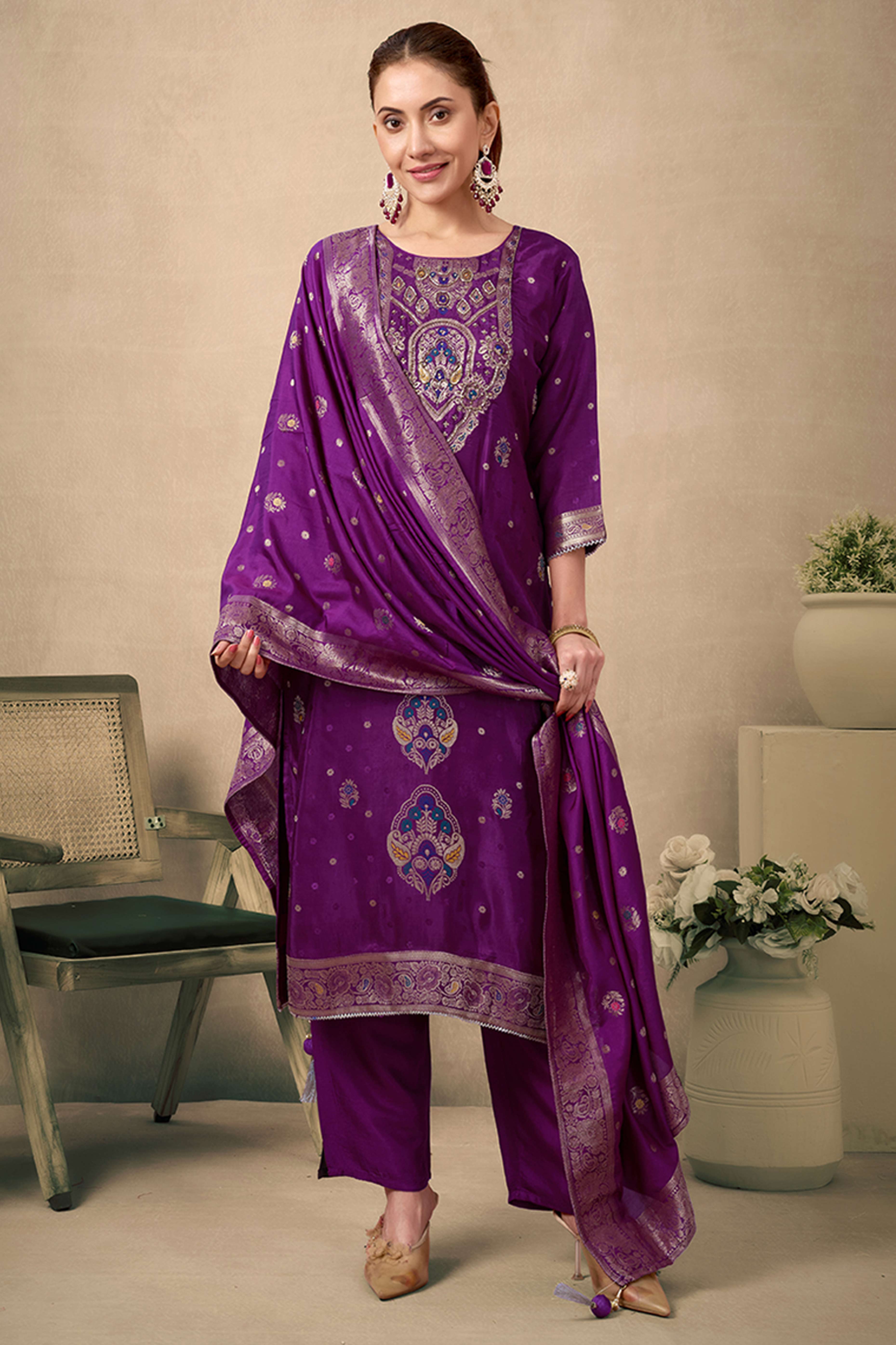Wine Colored Viscose Jacquard Silk Straight Salwar Suit With Zari Weaving And Stone Work.