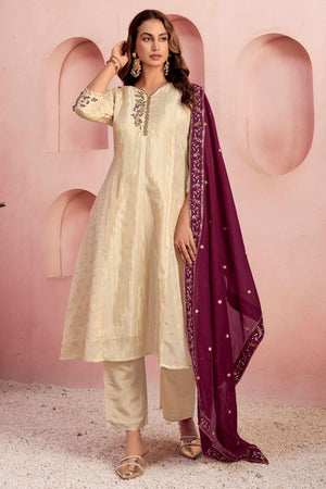 Embroidered Off White Salwar Suit in Pure Viscose with Shimmering Beads Highlights