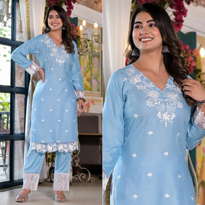 Blue Embroidered Rayon Straight Kurti Sets