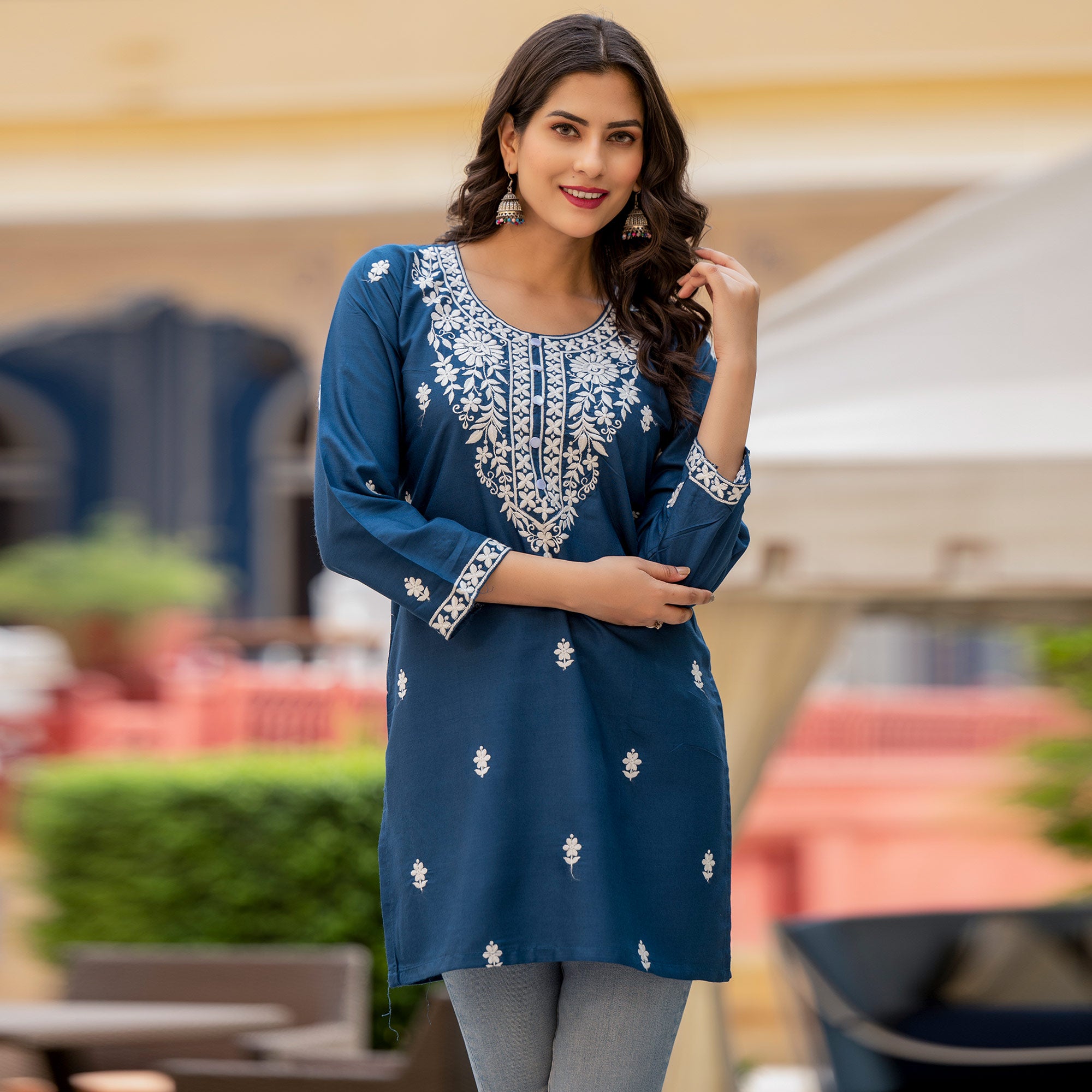 Blue Embroidered Rayon Straight Top