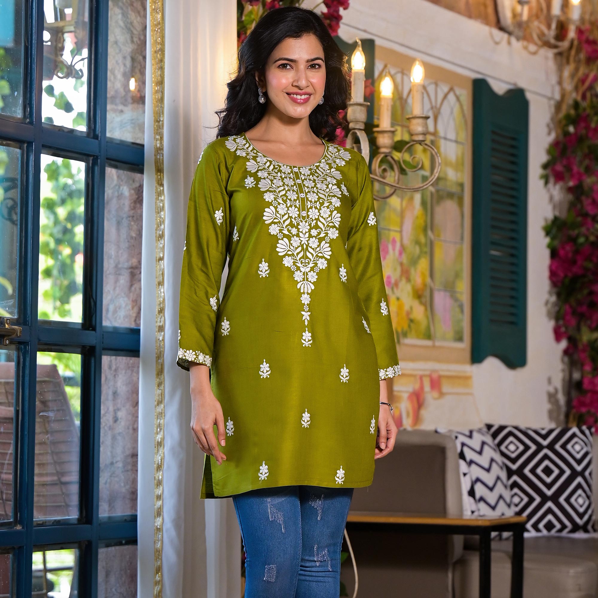 Green Embroidered Rayon Straight Top