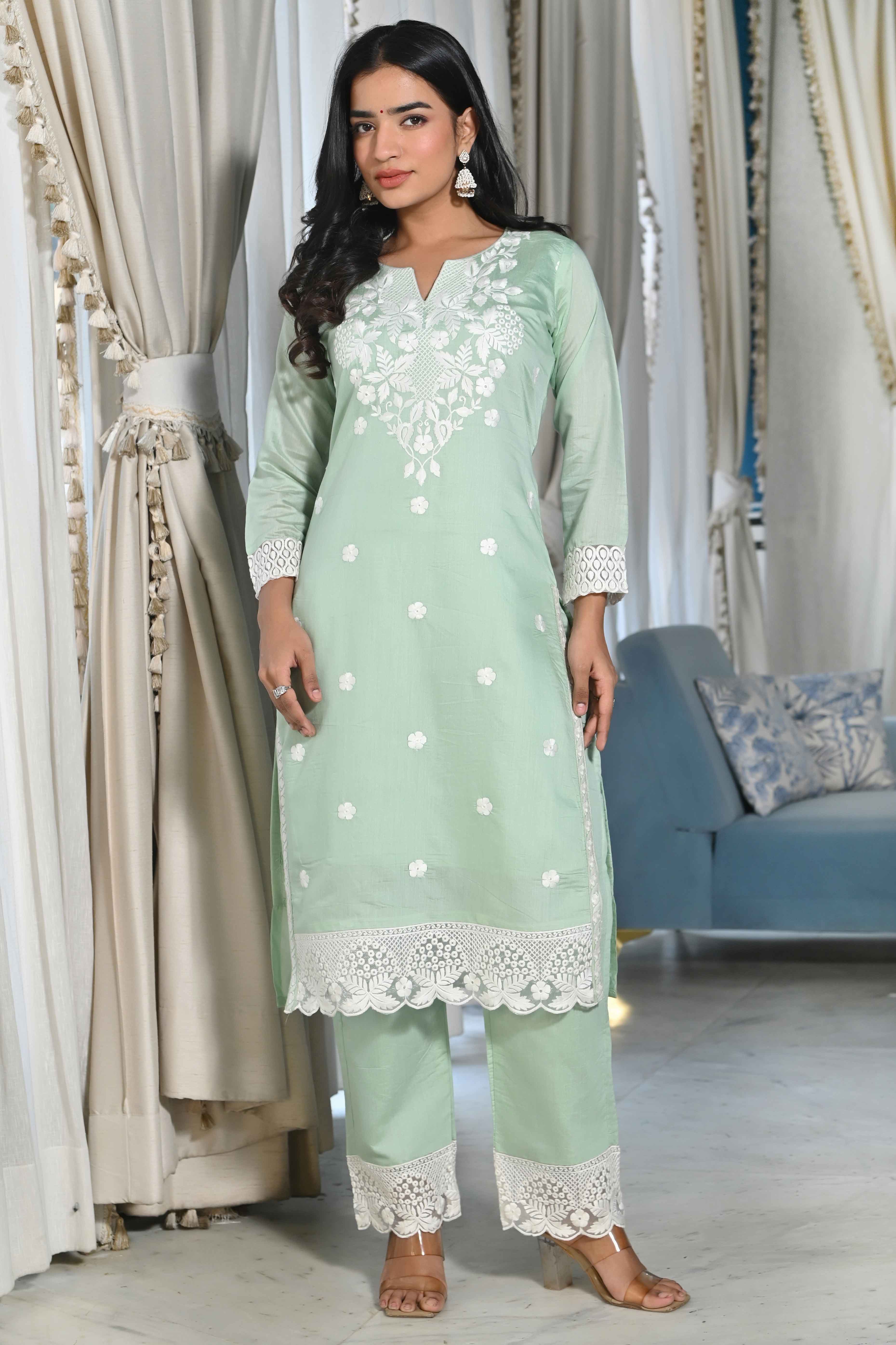 Sea Green Floral Embroidered Chanderi Kurti Pant Set