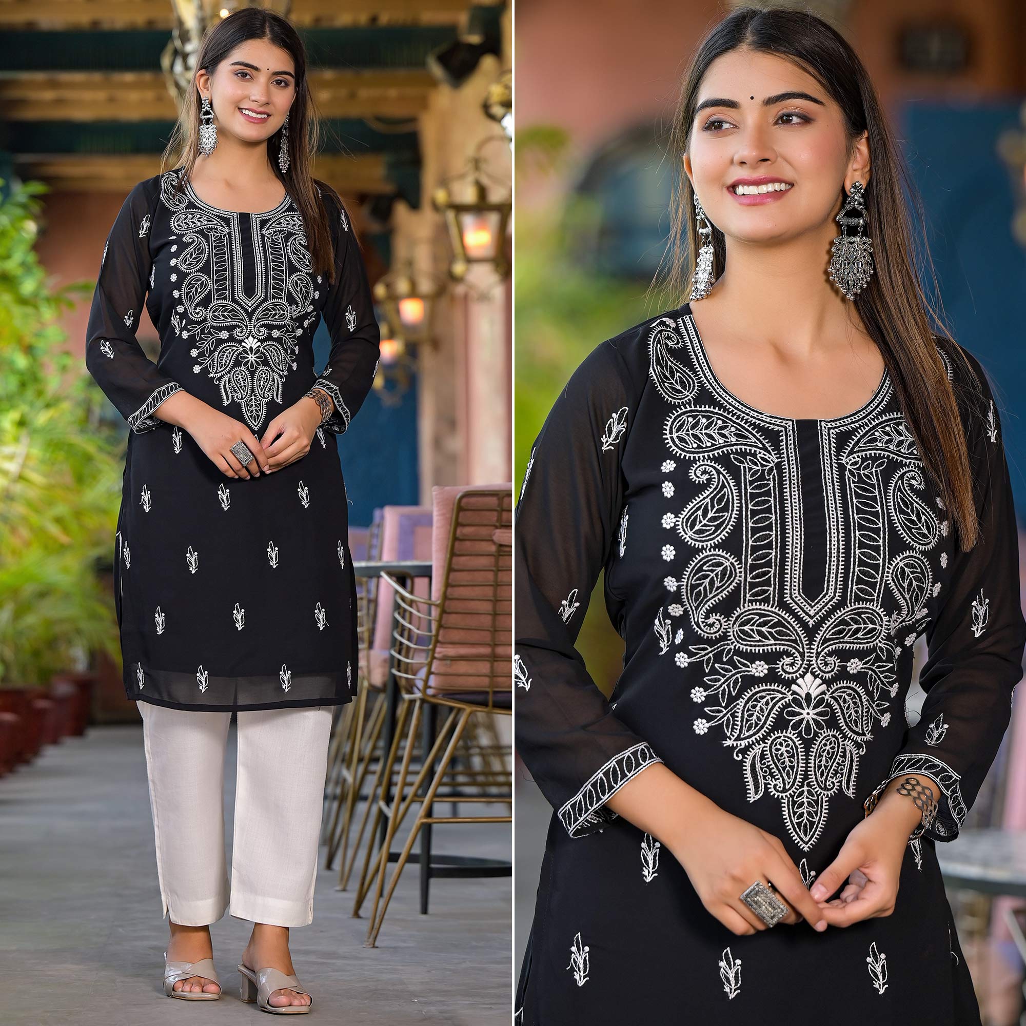 Black Embroidered Georgette Straight Kurti