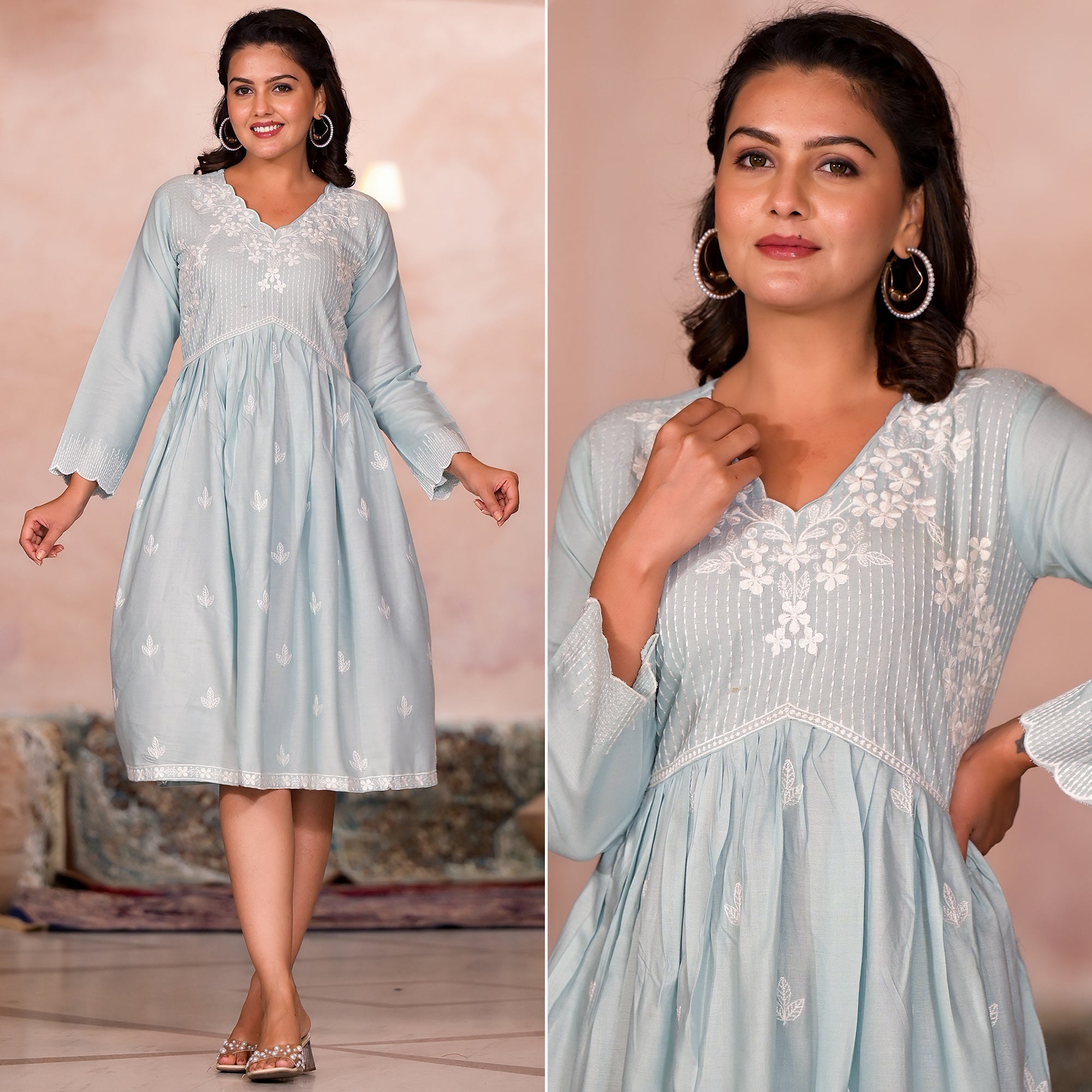 Light Turquoise Embroidered Rayon A-Line Dress