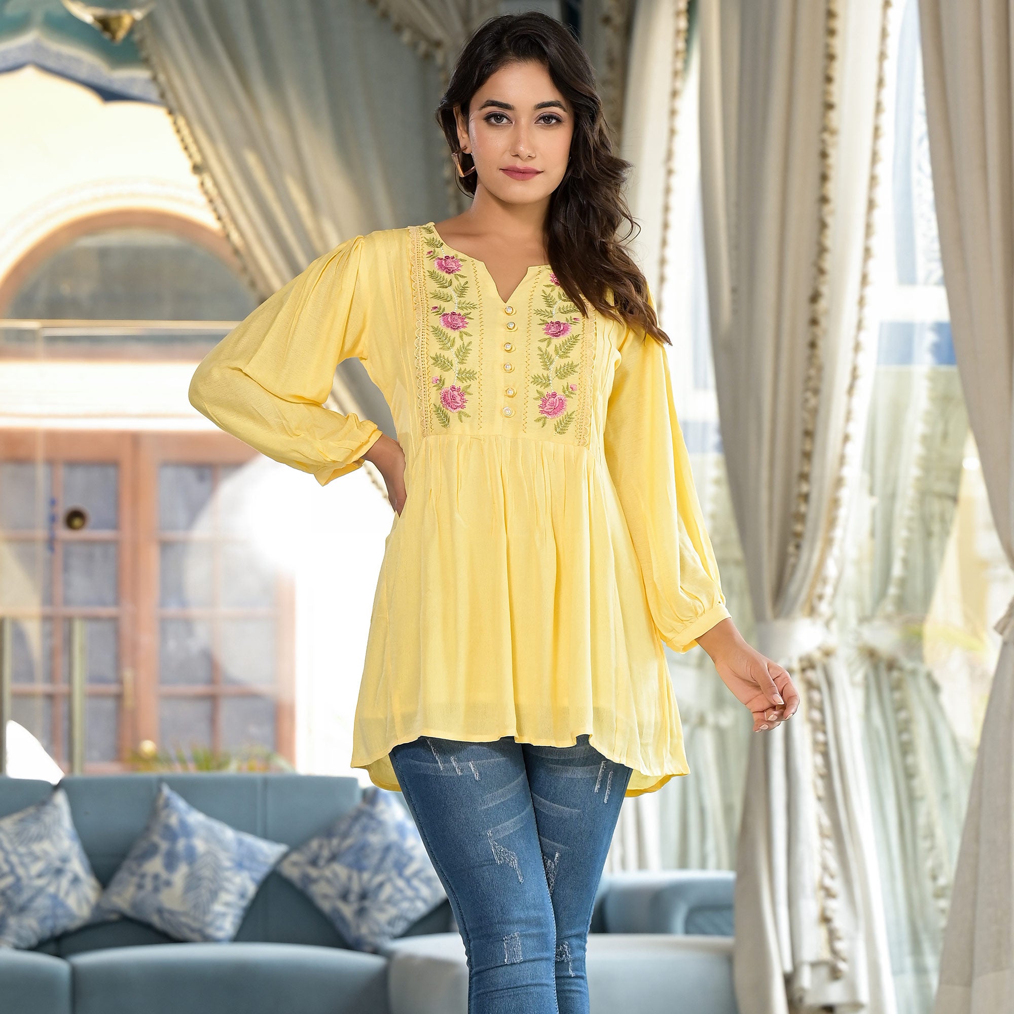 Yellow Yoke Embroidered Rayon A-Line Top