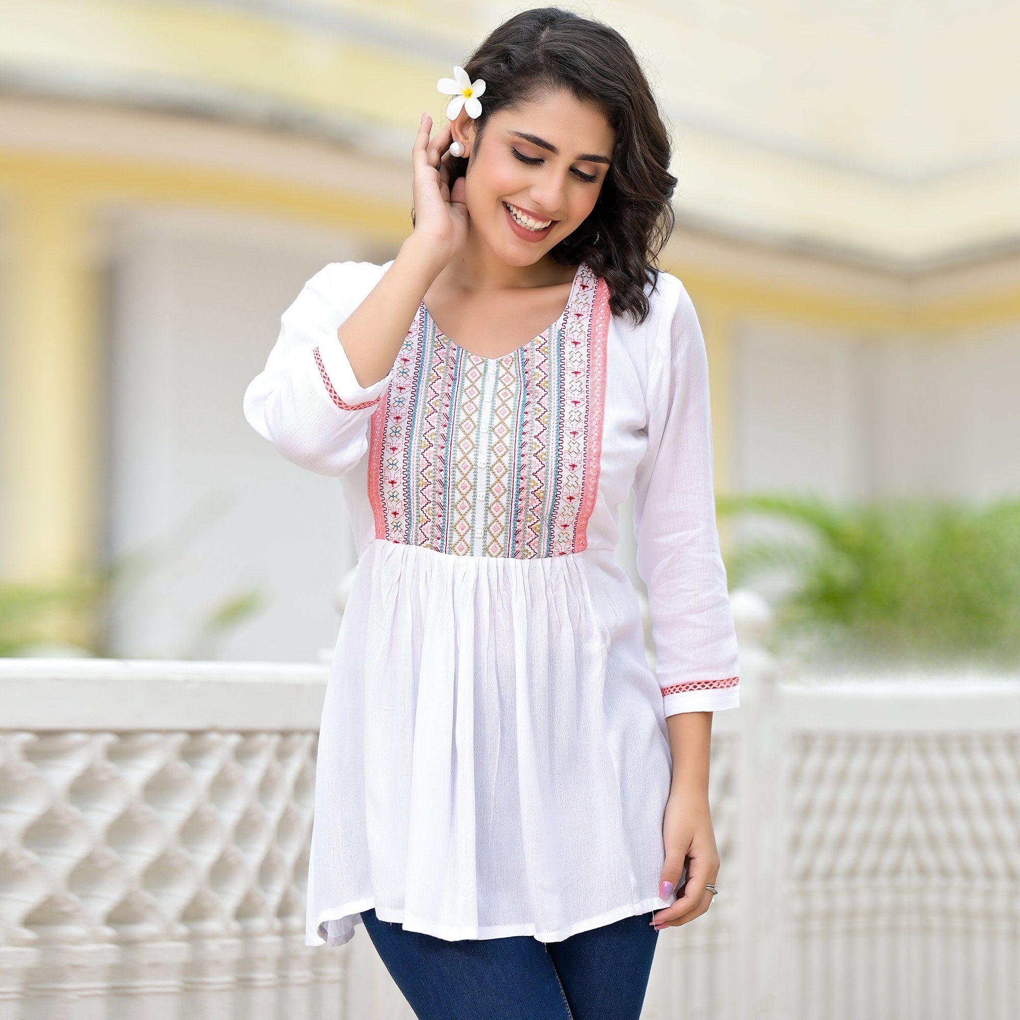 White Yoke Embroidered Rayon A-Line Top