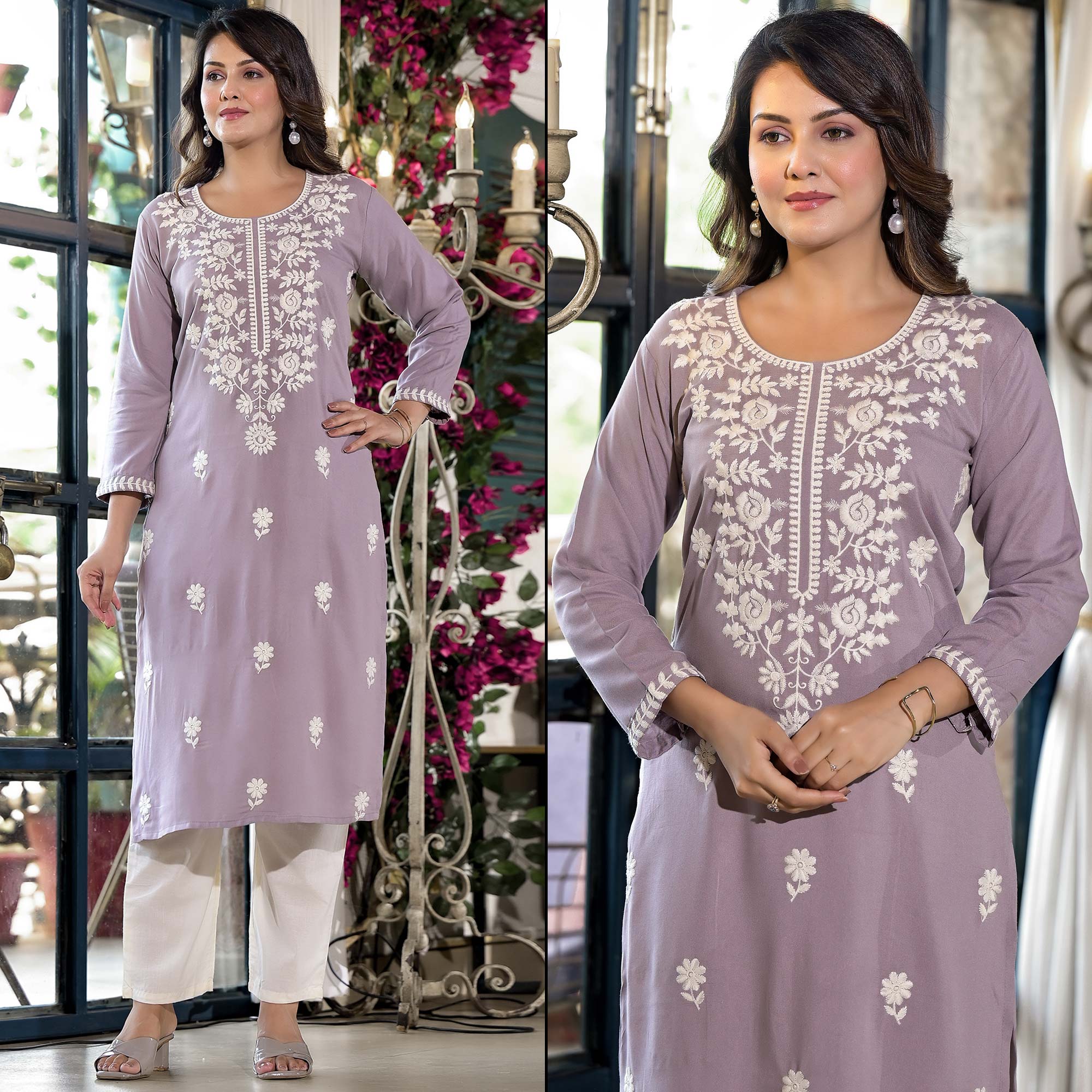 Dusty Lavender Floral Embroidered Rayon Straight Kurti