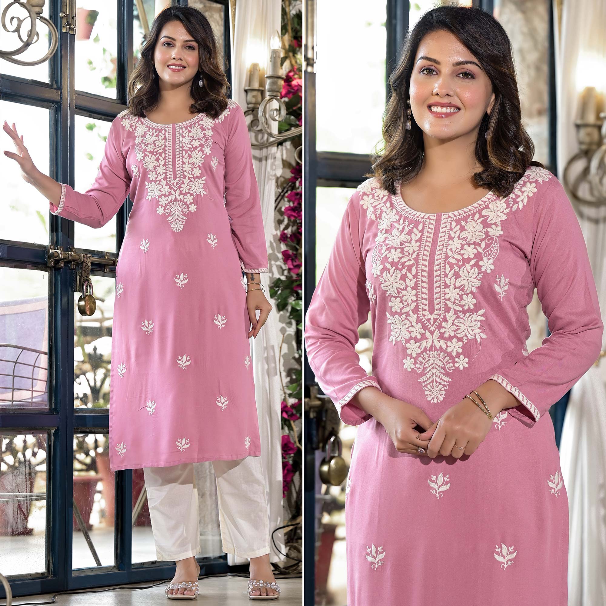 Pink Floral Embroidered Rayon Straight Kurti