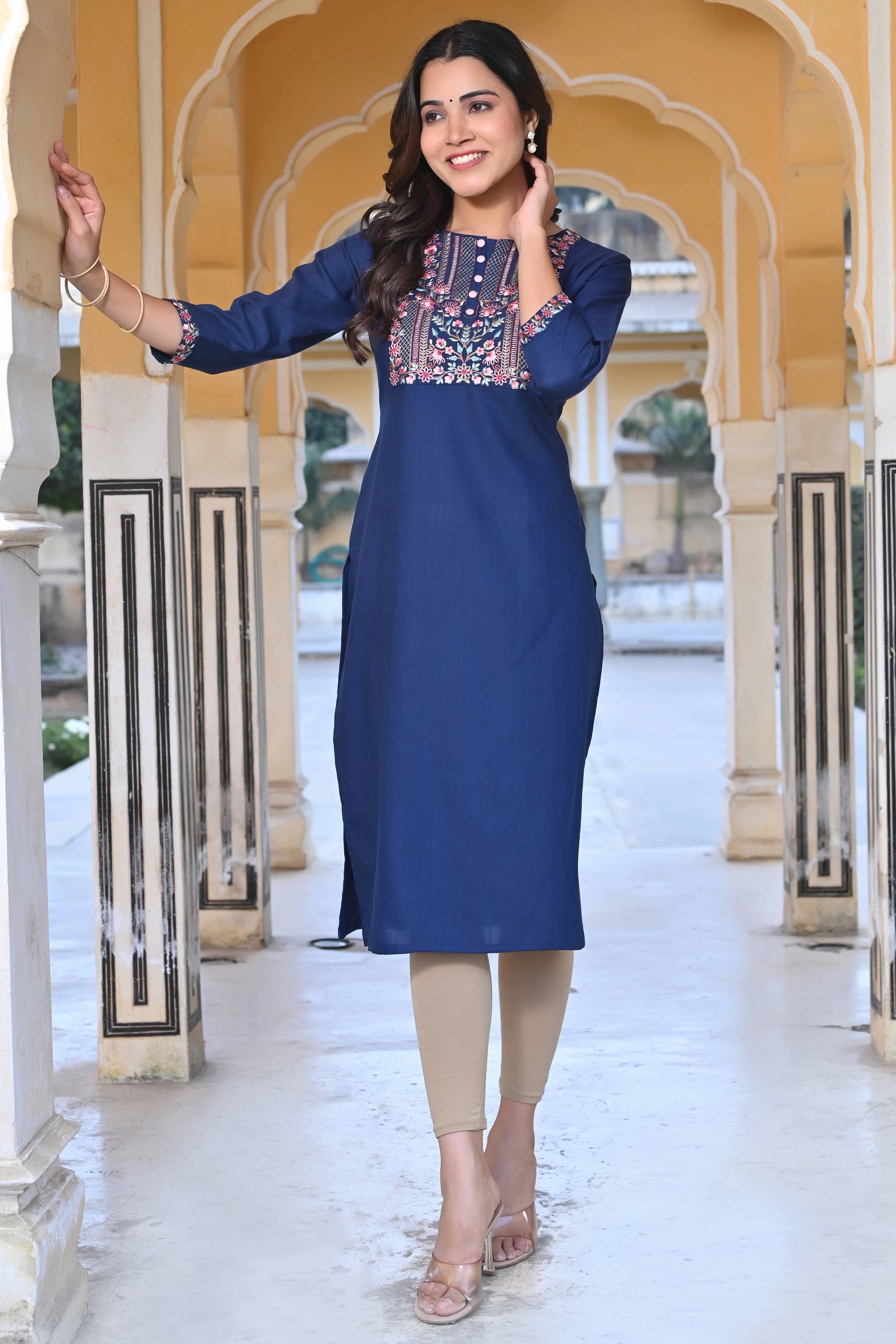 Blue Yoke Embroidered Rayon Slub Straight Kurti