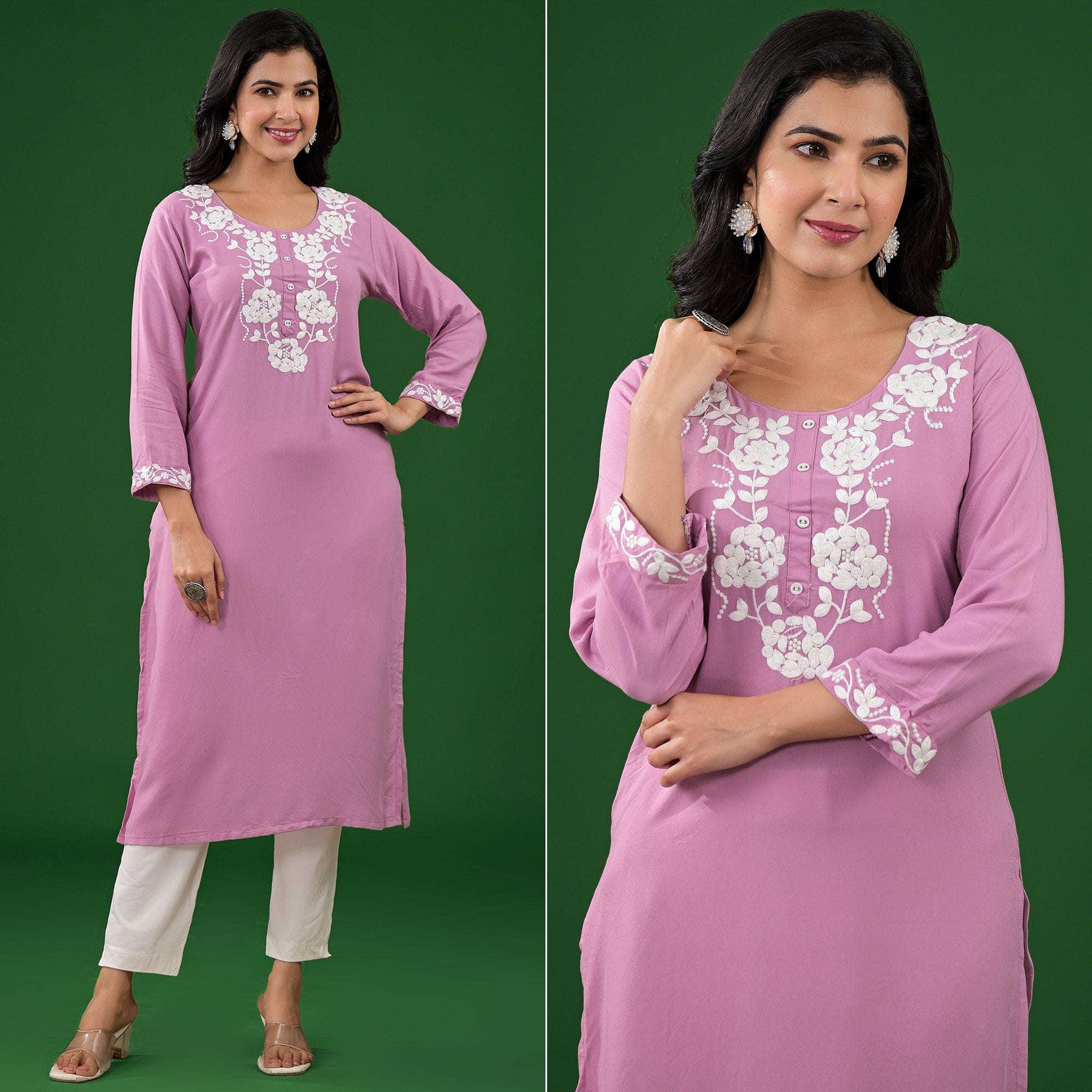 Pink Embroidered Rayon Straight Kurti