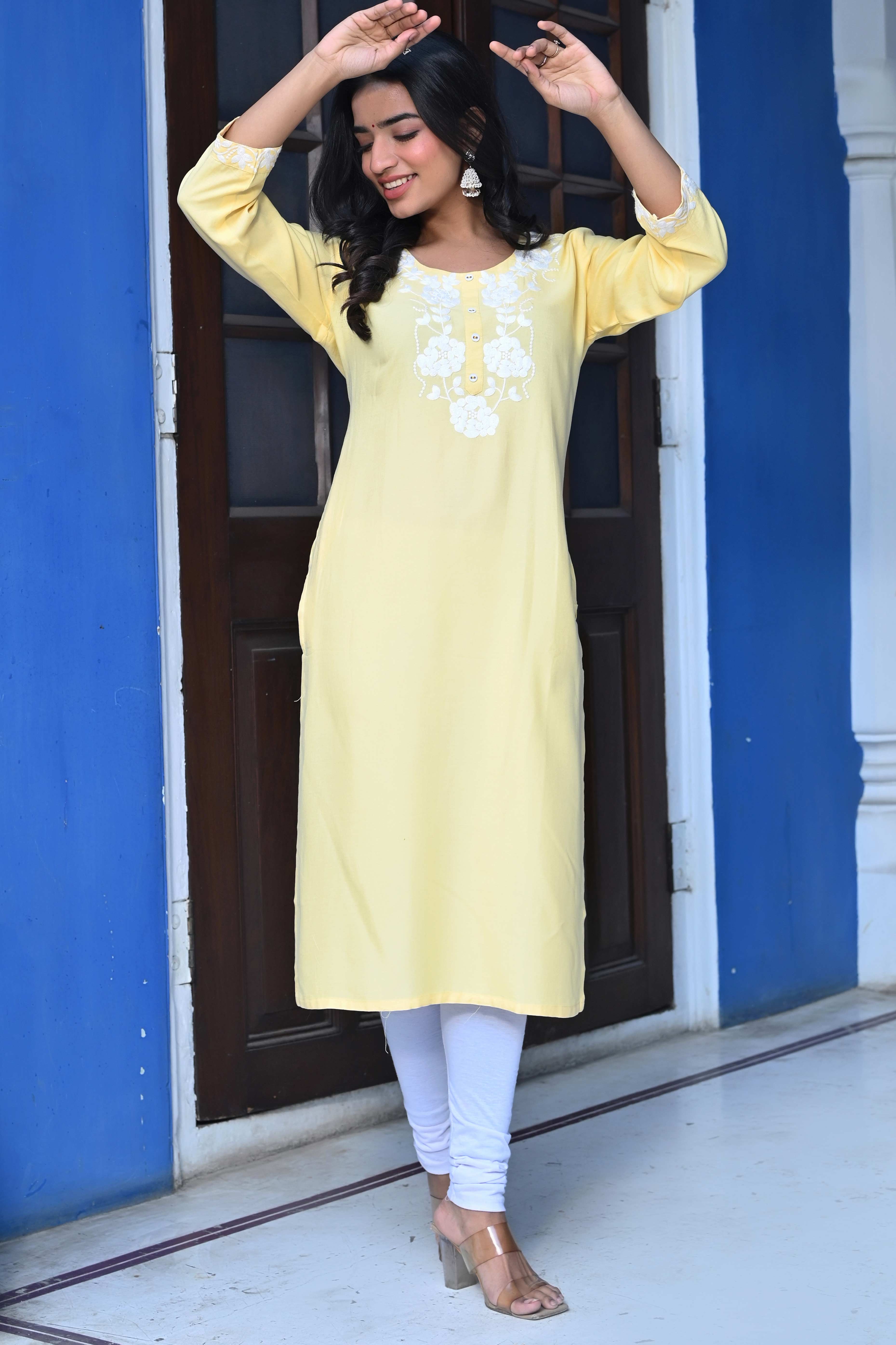 Yellow Embroidered Rayon Straight Kurti