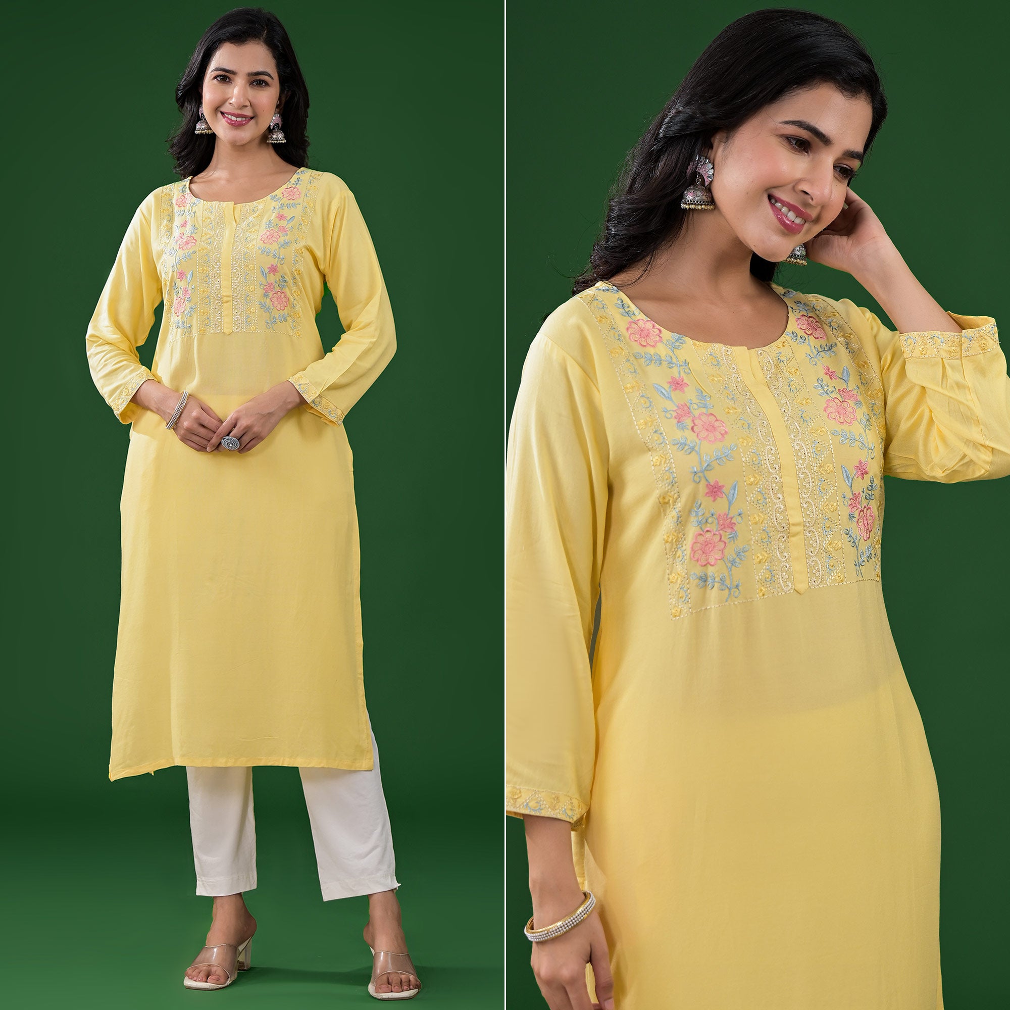 Yellow Embroidered Rayon Straight Kurti