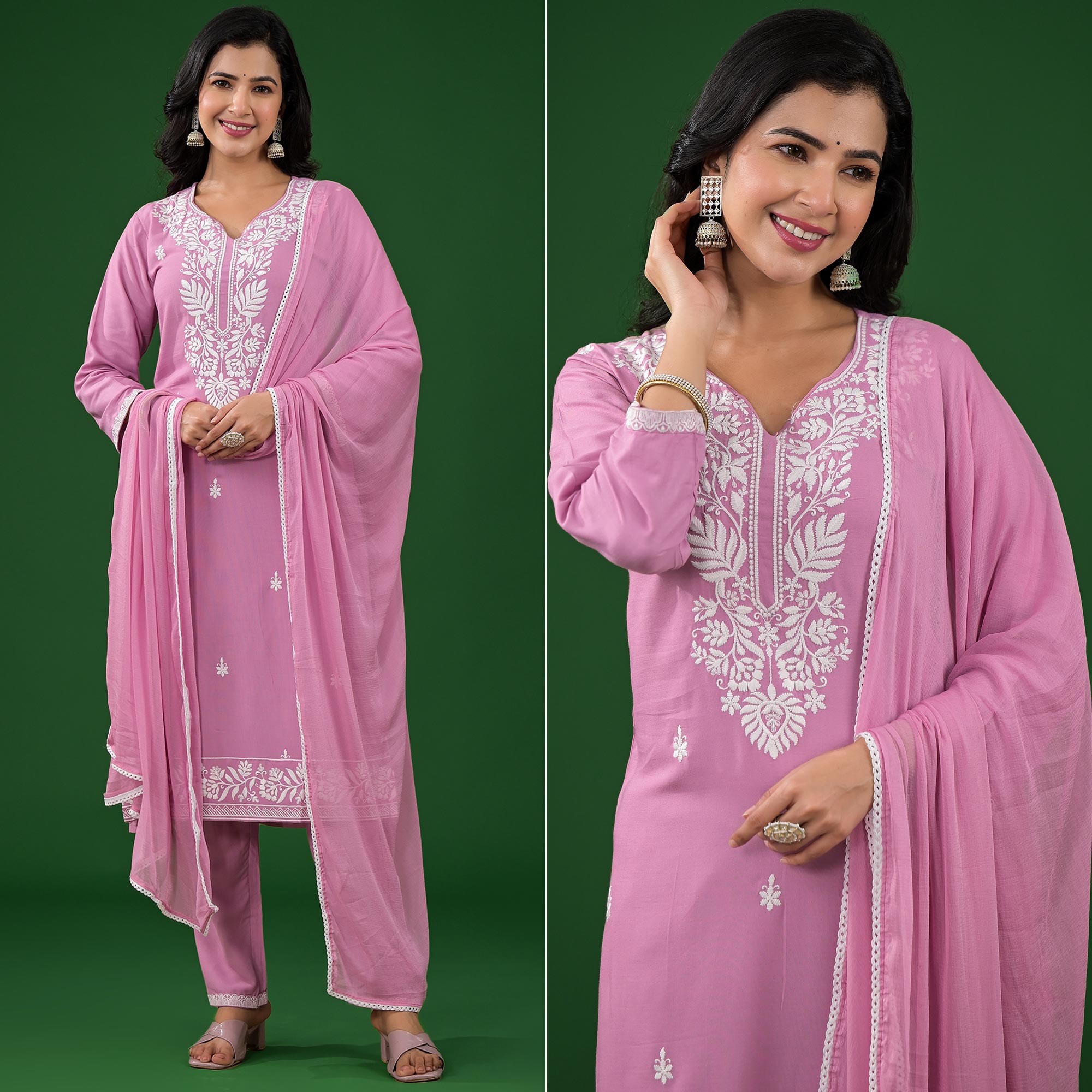 Pink Floral Embroidered Rayon Salwar Suit