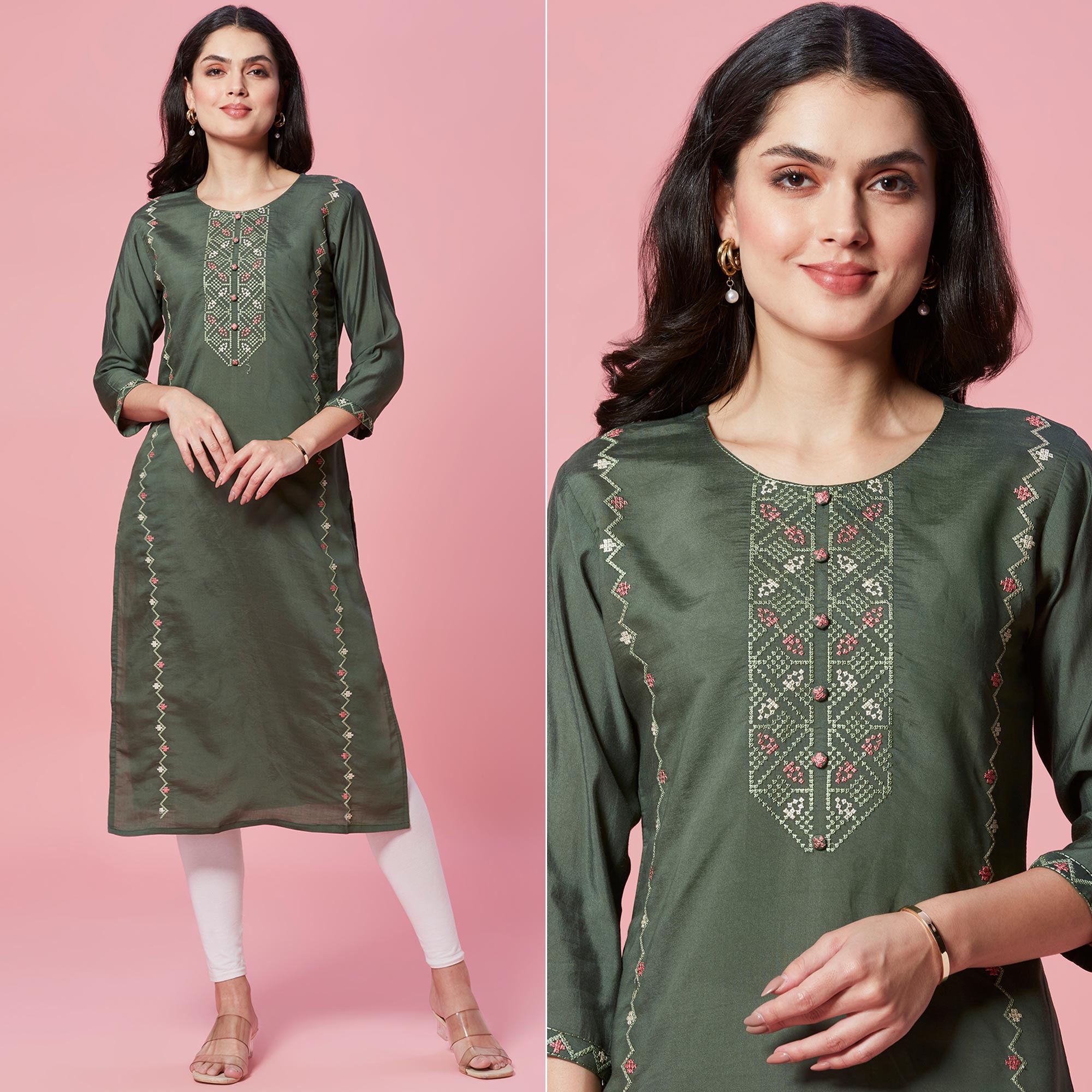 Green Embroidered Chanderi Straight Kurti