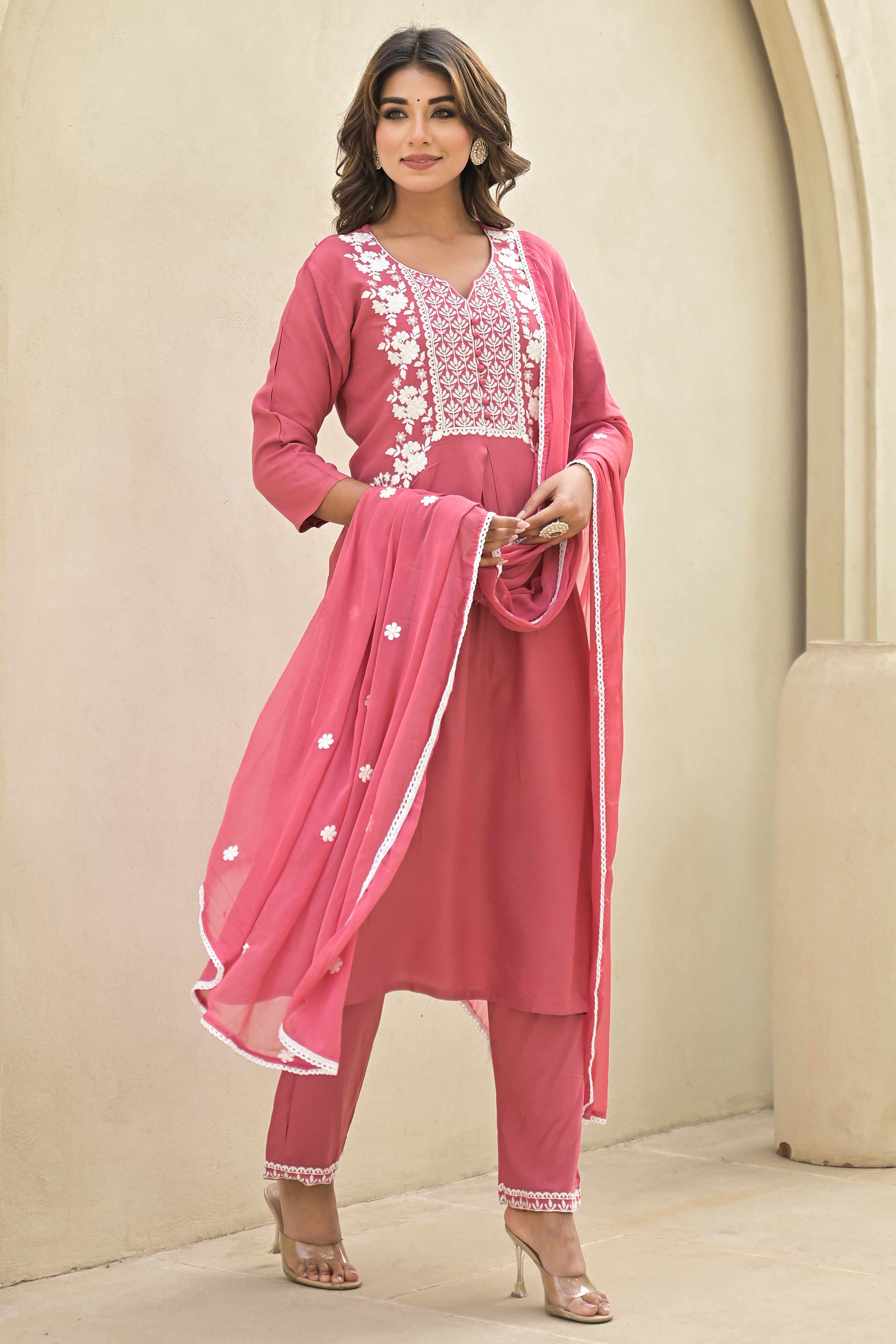 Gajri Pink Floral Embroidered Rayon Salwar Suit