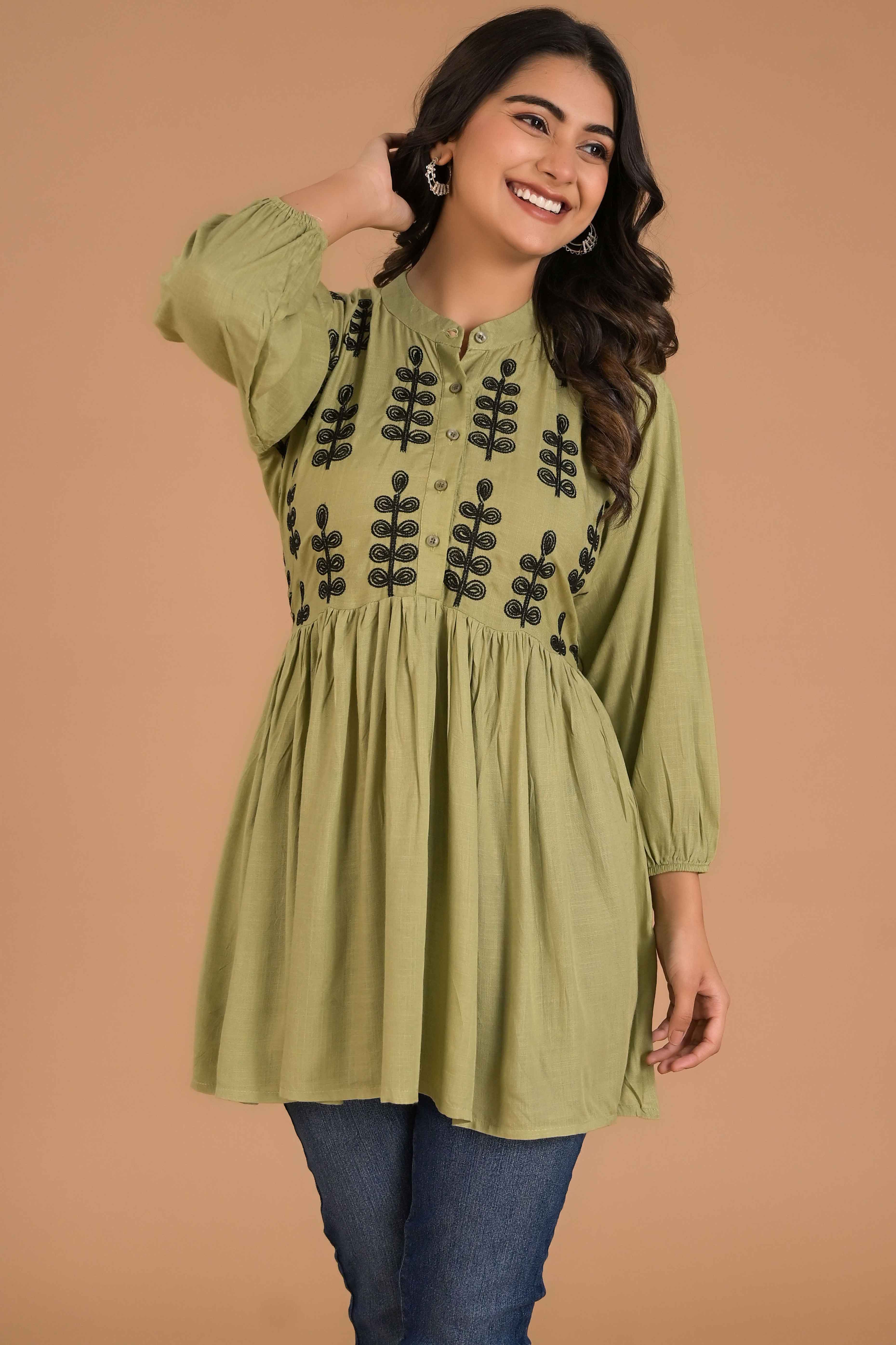 Green Embroidered Cotton Slub A-Line Top