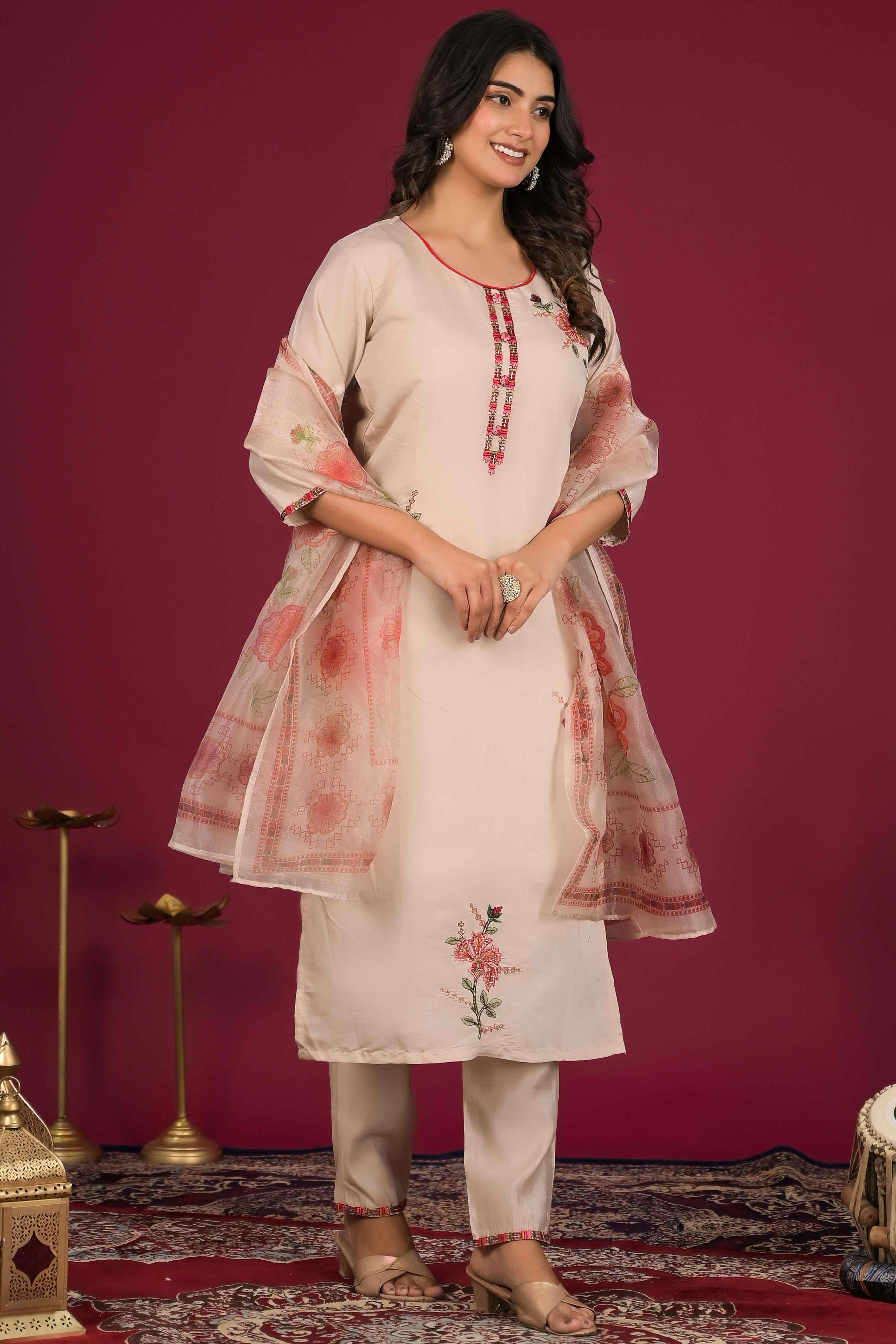 Beige Floral Embroidered Chanderi Salwar Suit