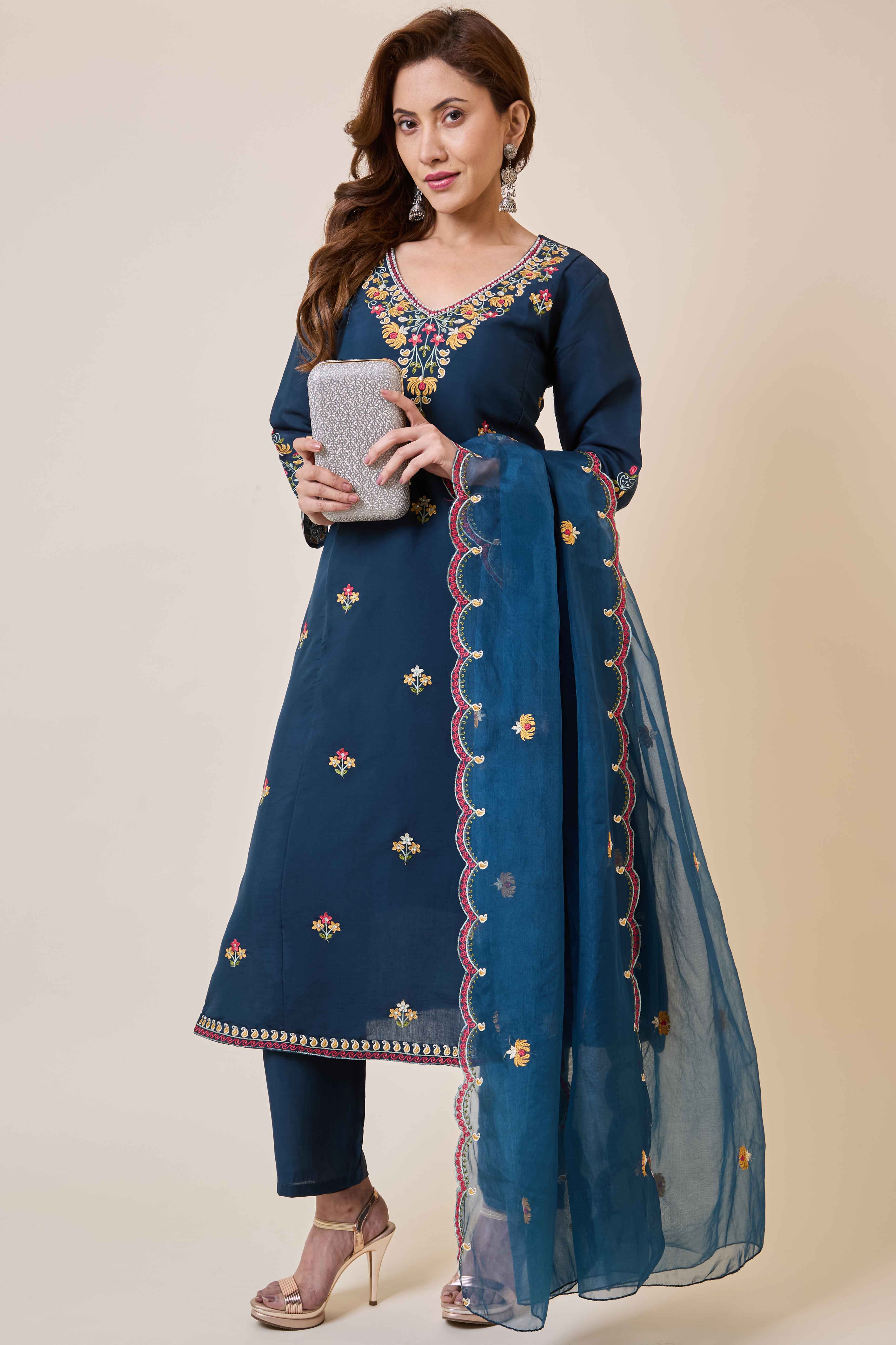 Prussian Blue Floral Hand Work Embroidered Chanderi Salwar Suit