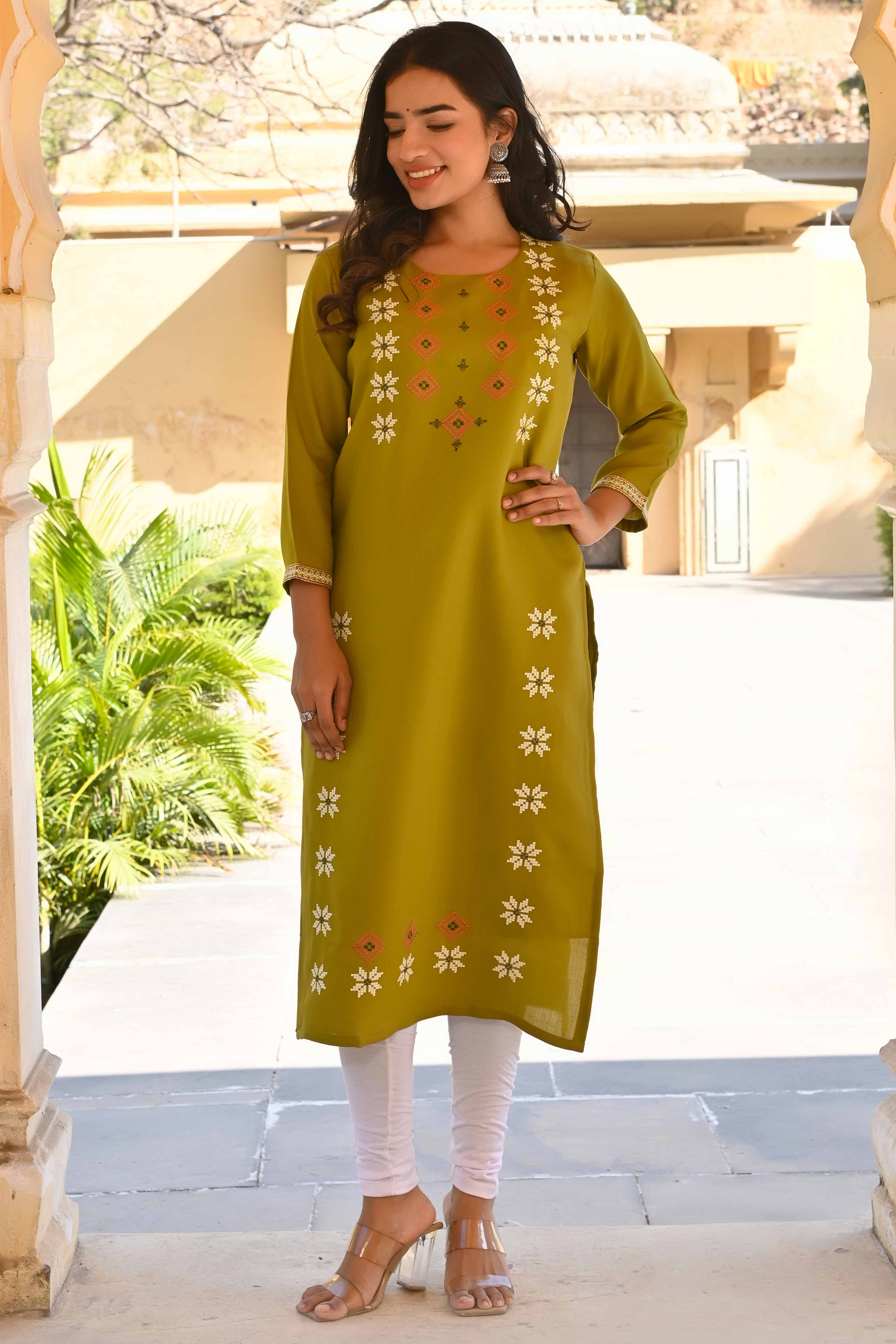 Olive Floral Embroidered Viscose Straight Kurti