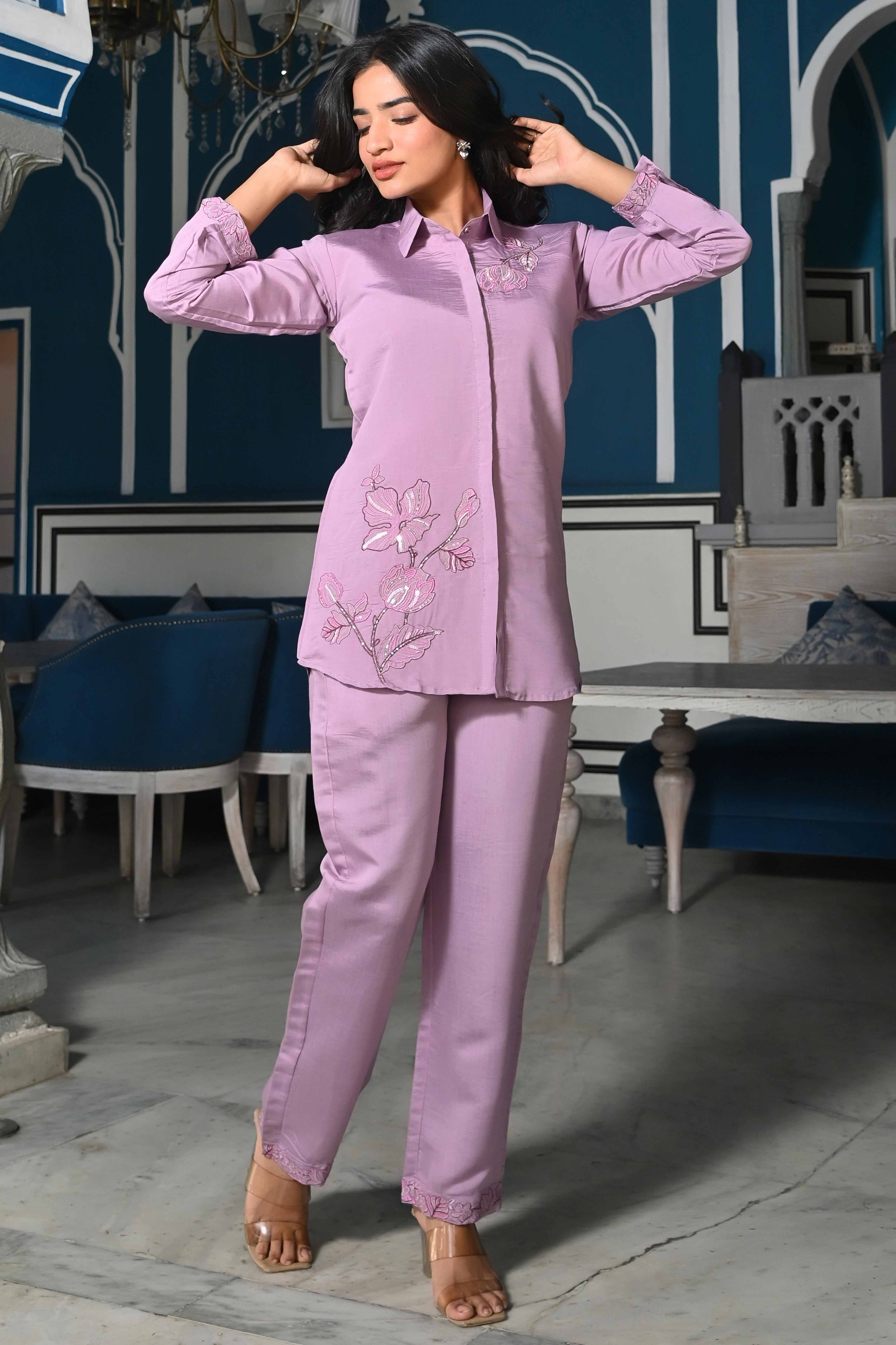 Mauve Floral Hand Work Embroidered Chanderi Co-Ord Set