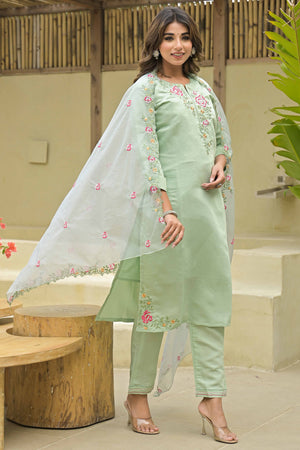 Sea Green Floral Embroidered Viscose Salwar Suit