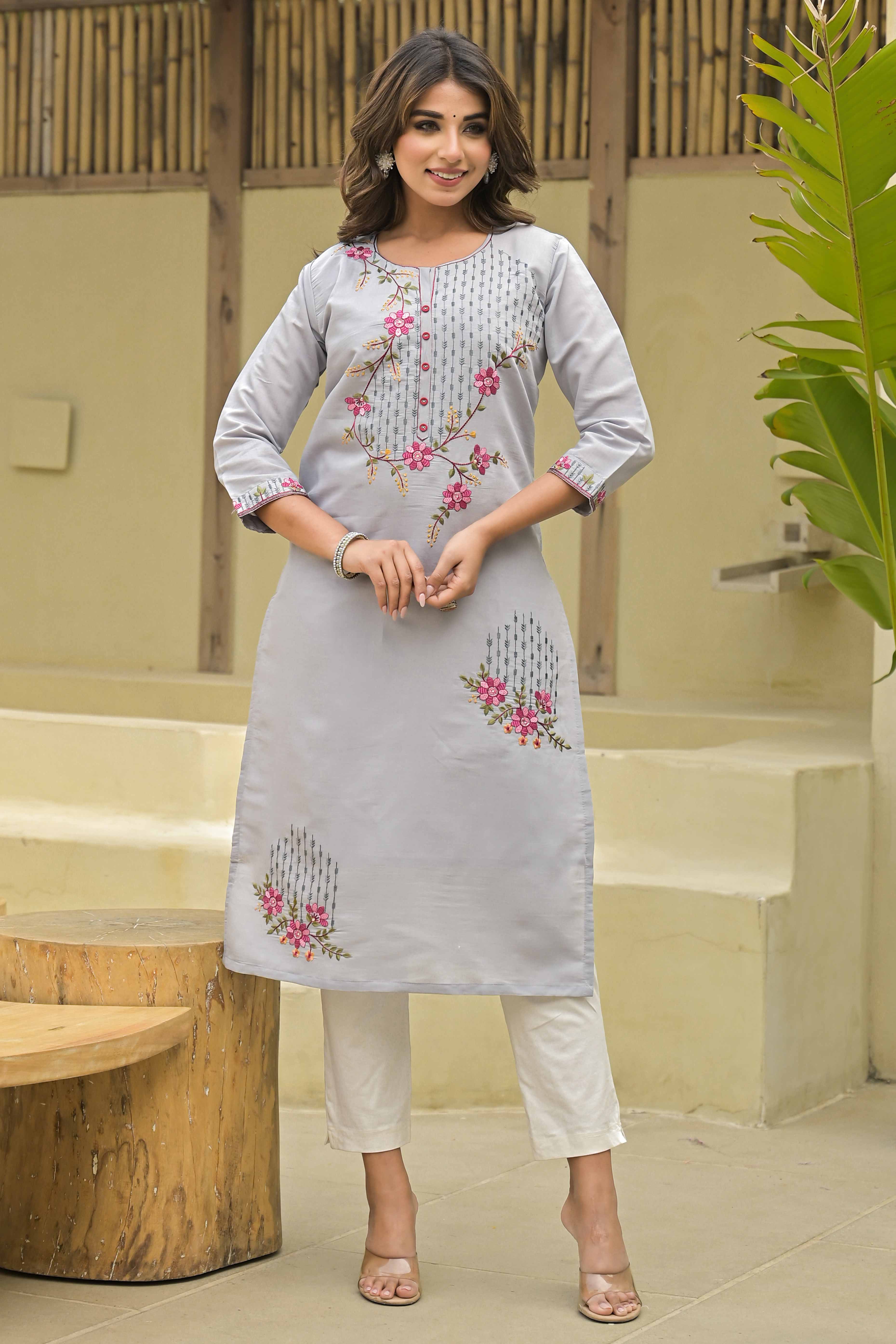 Grey Floral Embroidered Chanderi Straight Kurti With Handwork