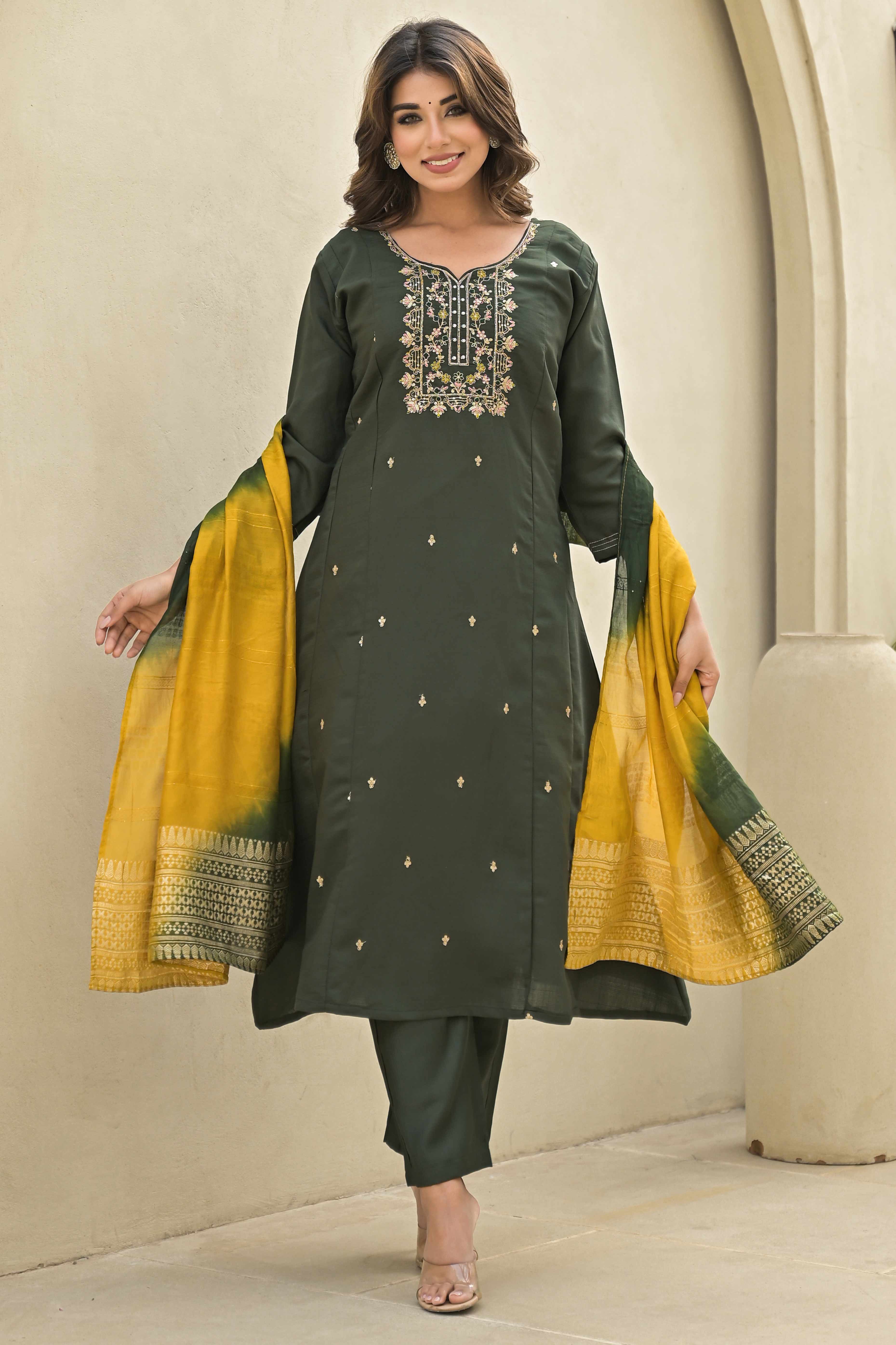 Mehandi Green Floral Embroidered Viscose A-Line Salwar Suit