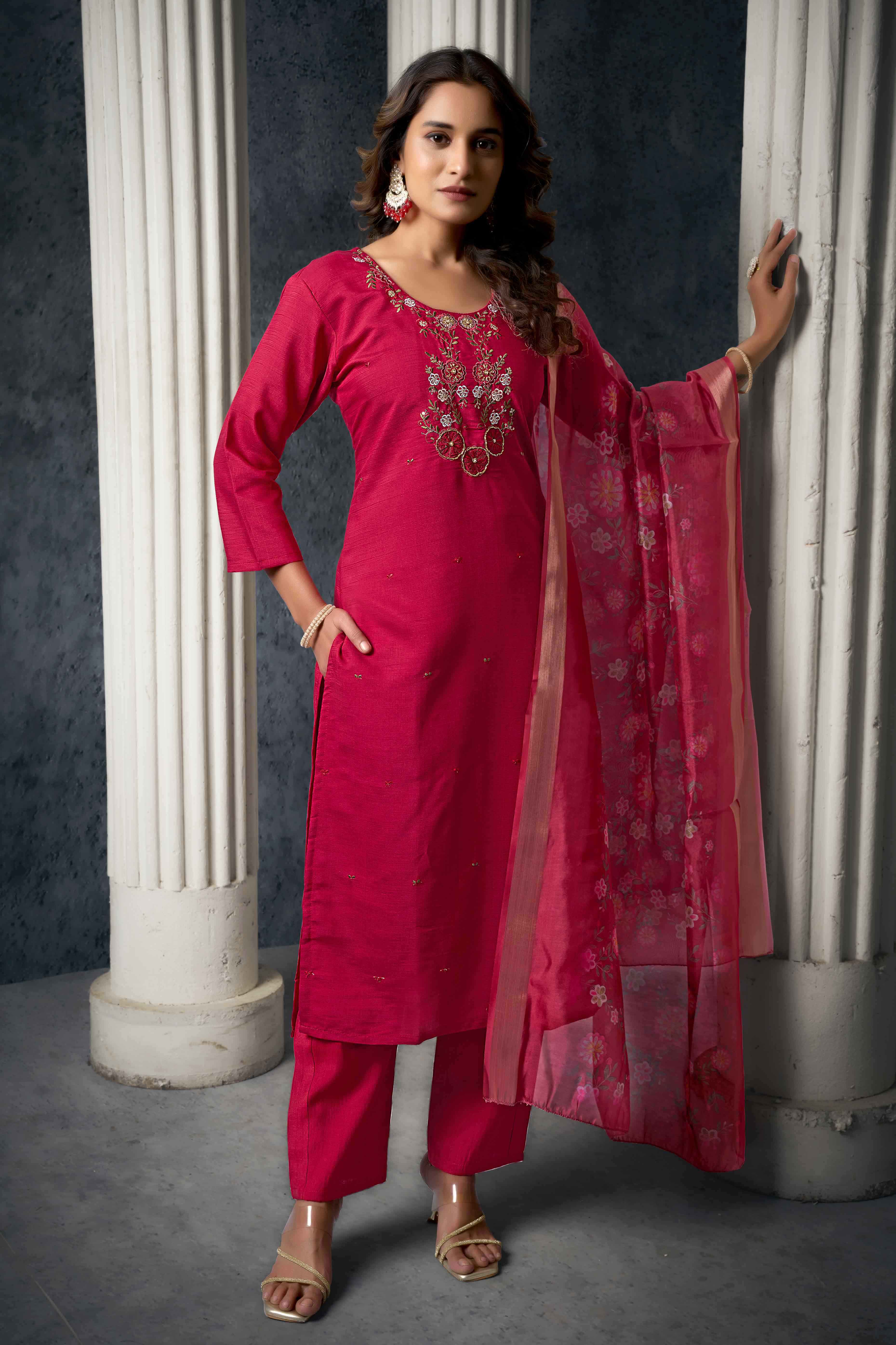 Red Hand Work Embroidered Viscose Slub Silk Straight Salwar Suit