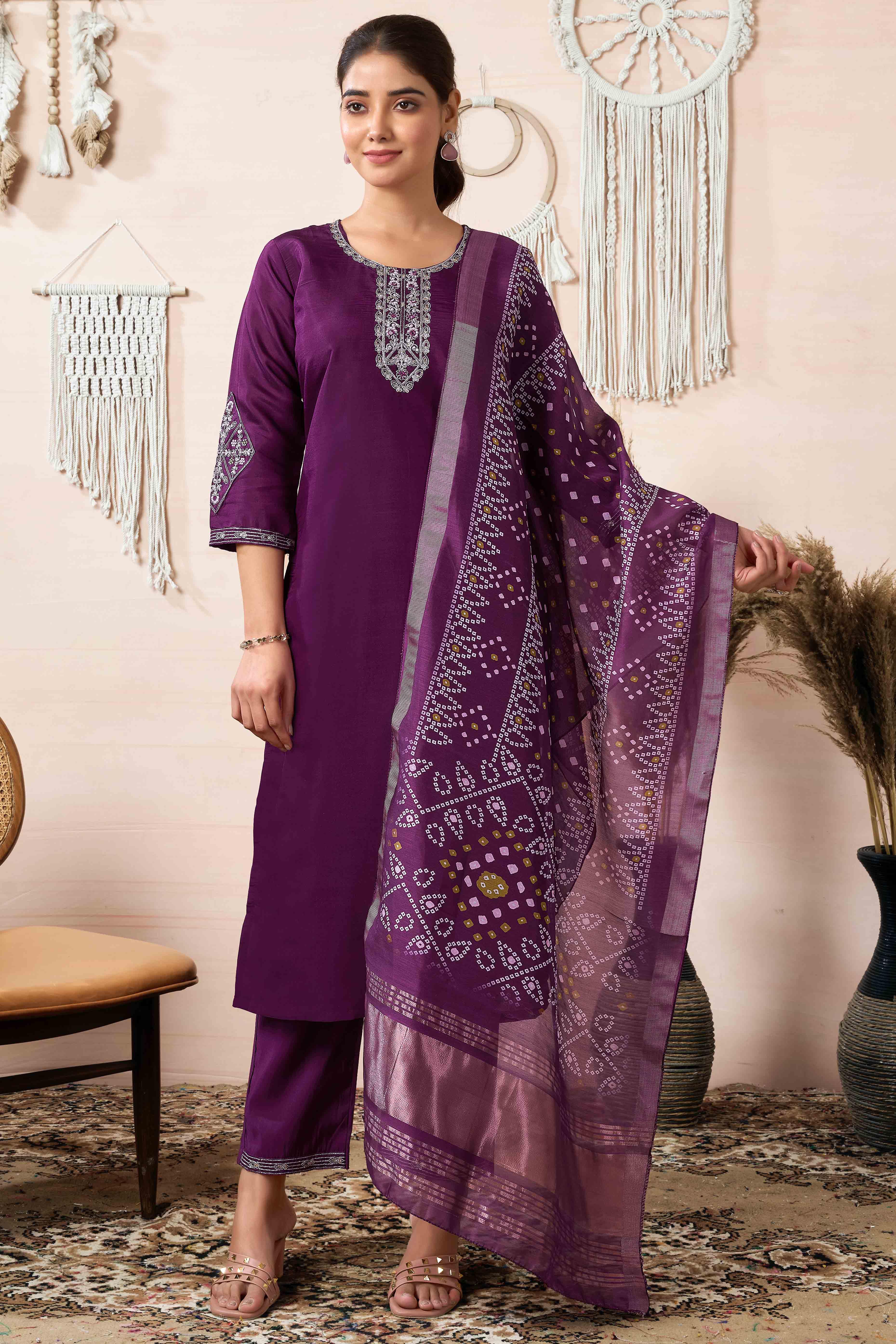 Wine Neck Embroidered Viscose Straight Salwar Suit