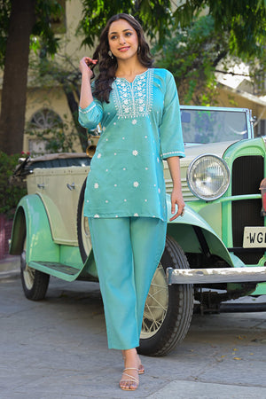 Mint Green Floral Embroidered Viscose Gadwal Silk Top Bottom Set