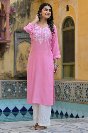 Pink Floral Embroidered Viscose Rayon Straight Top Bottom Set