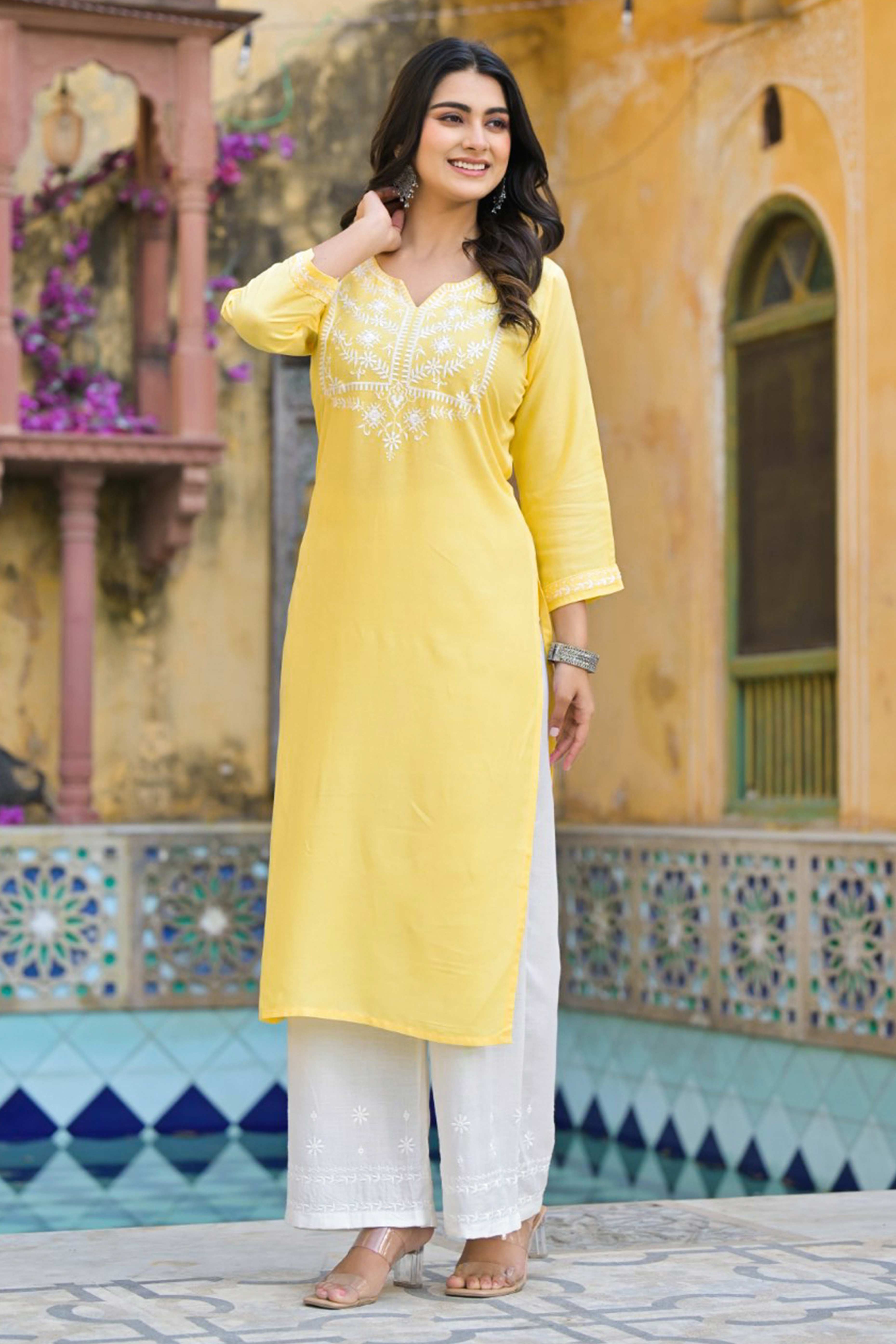Yellow Floral Embroidered Viscose Rayon Straight Top Bottom Set