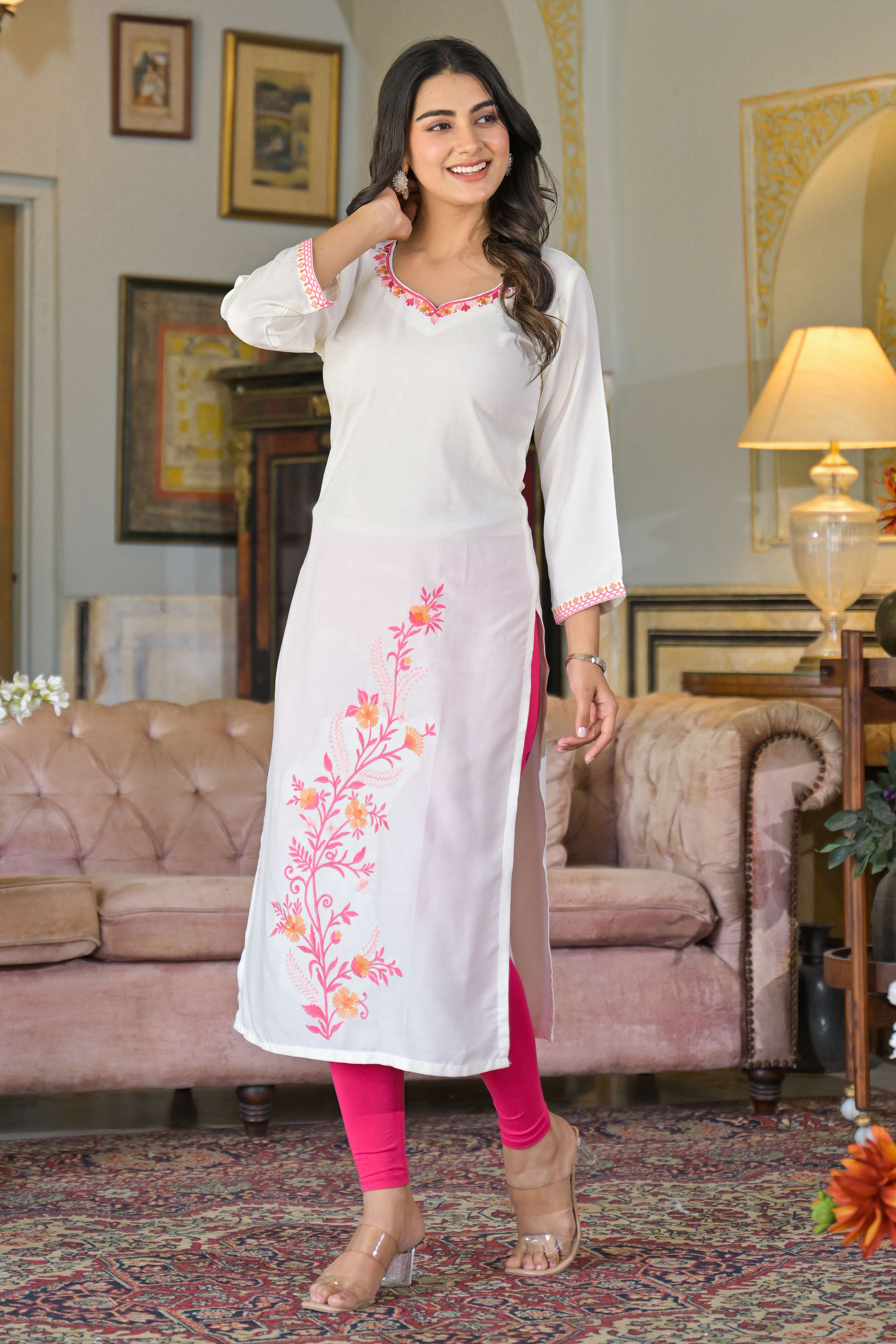 White Floral Embroidered Viscose Rayon Straight Kurti