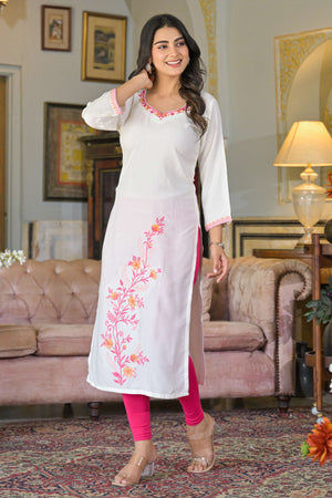 White Floral Embroidered Viscose Rayon Straight Kurti