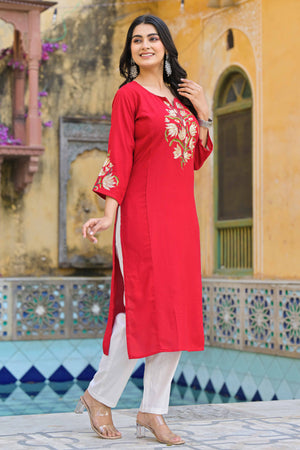 Red Floral Embroidered Viscose Rayon Straight Kurti